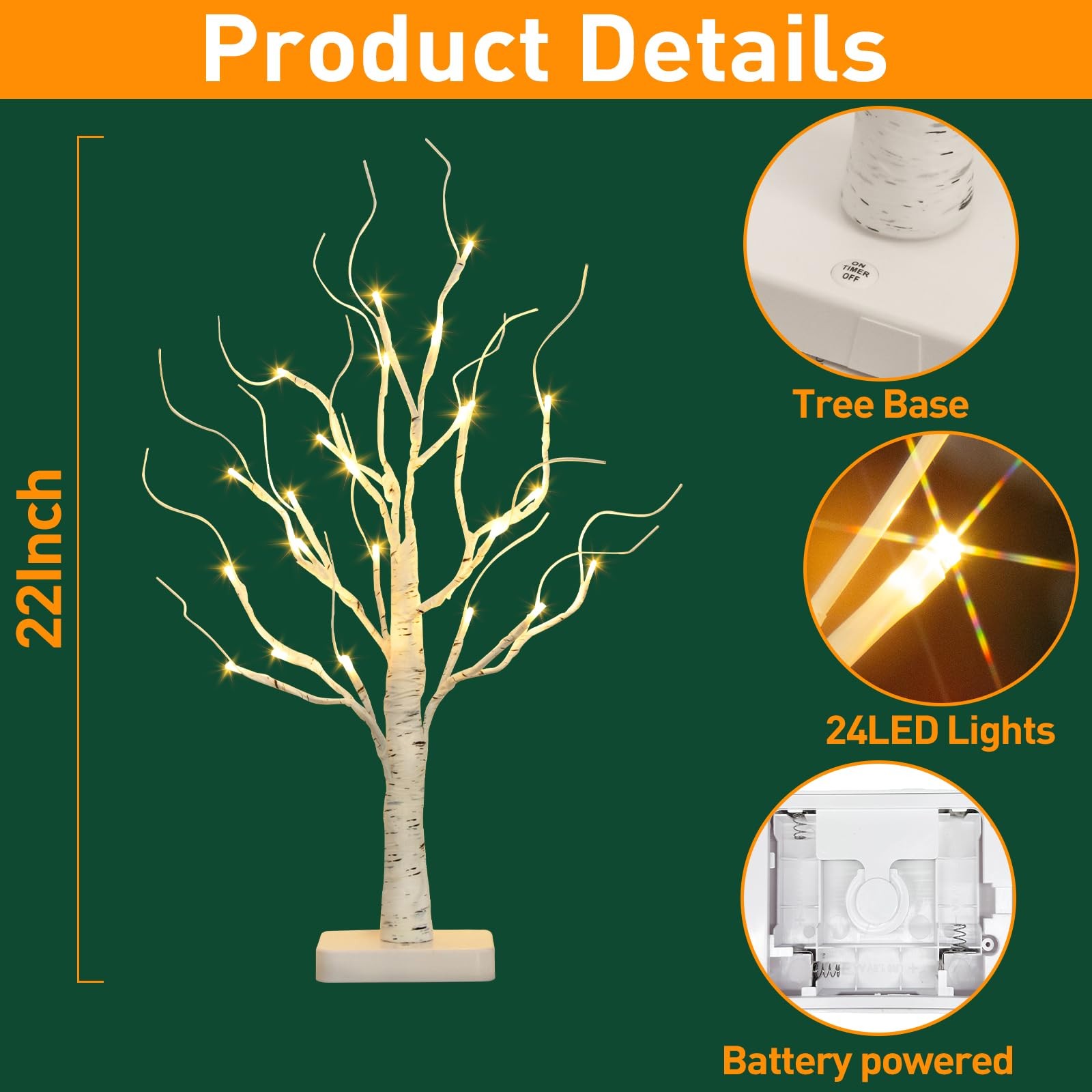 “Birch Tree LED Lights Battery Operated Mini Decor for Christmas Table