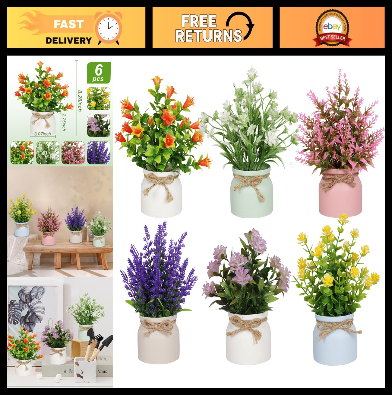 6pcs Mini Potted Artificial Flowers – Small Fake Plants for Home Office Decor