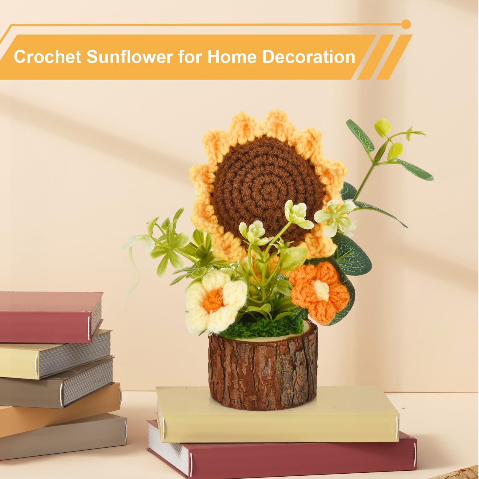 Adorable Crochet Flowers Bouquet, Handcrafted Knitted Sunflowers Wooden Pot,C…