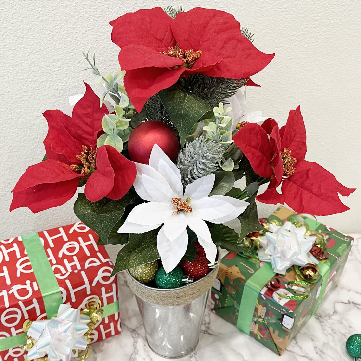 12 STEMS ARTIFICIAL POINSETTIA BOUQUET FAKE CHRISTMAS FLOWERS FAUX VELVET POINSE
