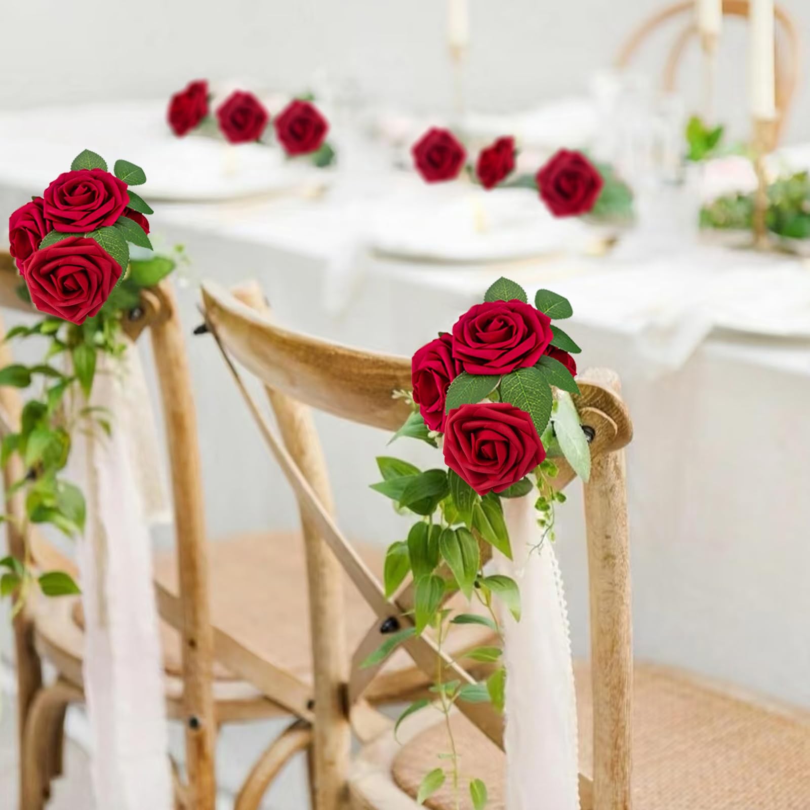 Artificial Flowers Dark Red Rose Fake Foam Roses with Stem for Wedding Bouquets
