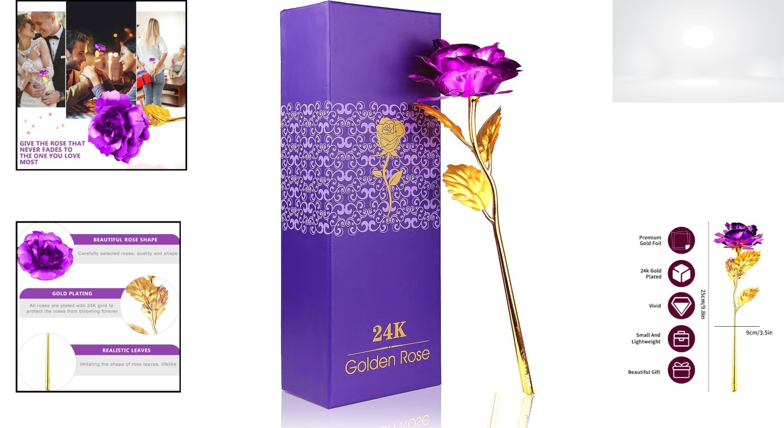 24K Gold Artificial Rose Purple Keepsake Gift Box Home Decor for Valentine’s Day