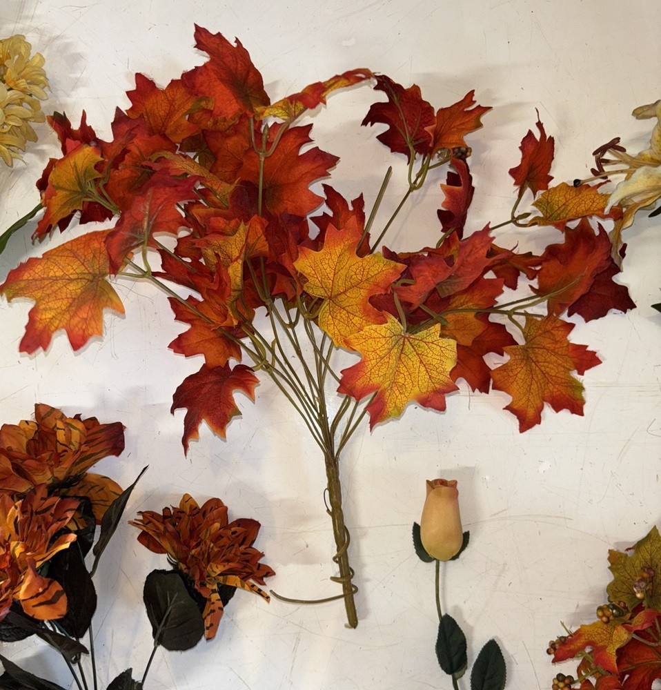 Fall Artificial Floral and Leaves Bulk Lot of 9 Pieces Plastic & Fabric