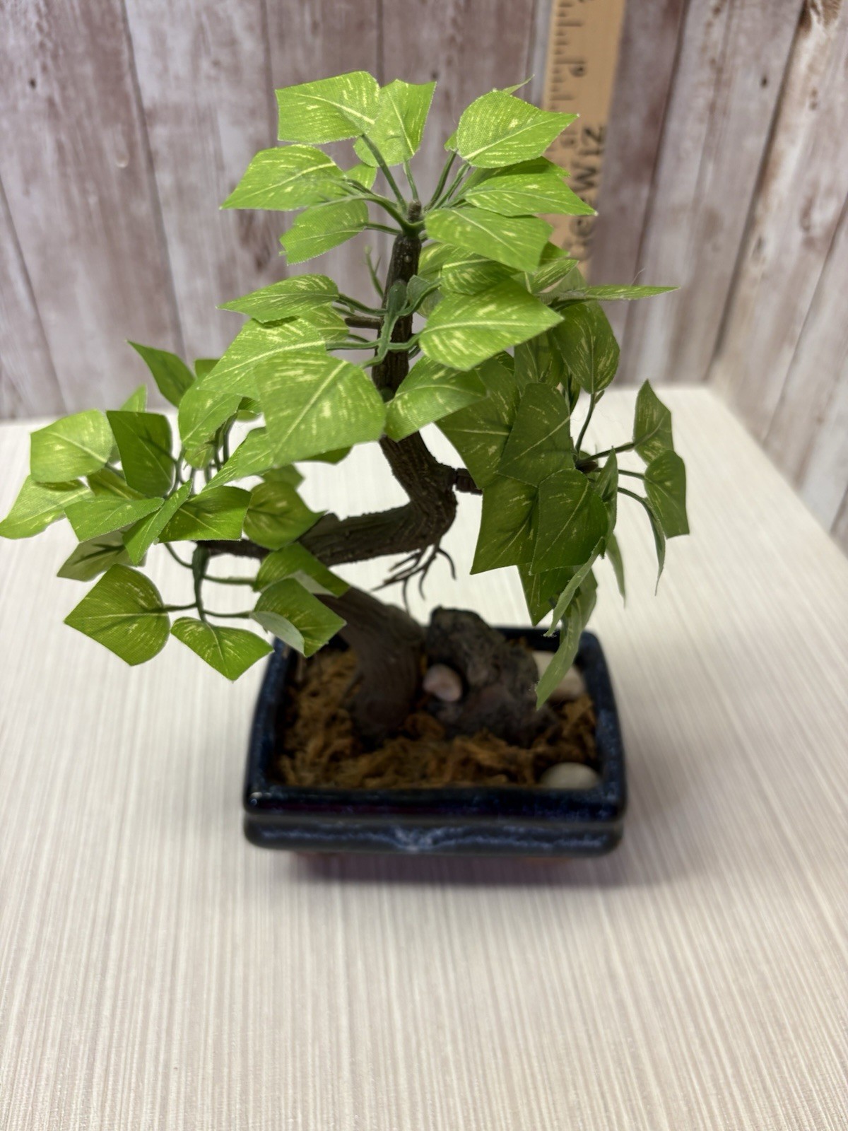 Artificial Bonsai Tree 8” Faux Plant In Vintage Blue 4×3 Pot FREE SHIPPING