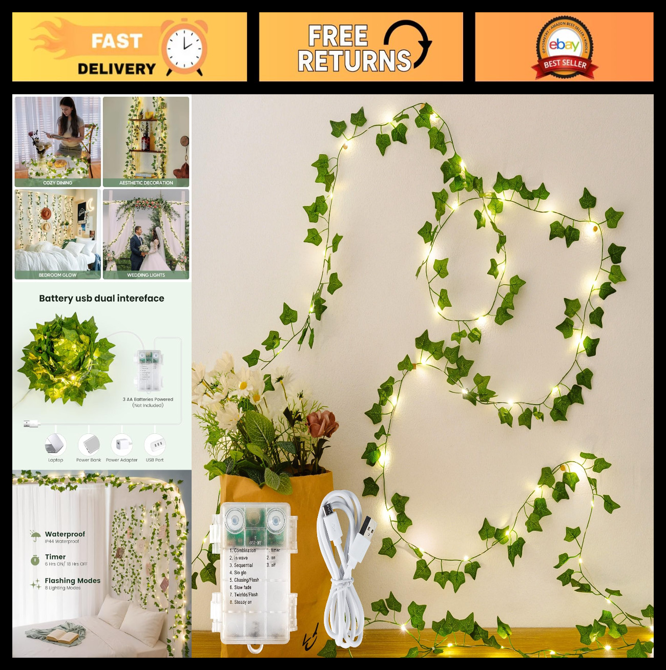 23 Ft LED Fake Ivy Vines with Fairy Lights – USB/Battery Operated Greenery Garla