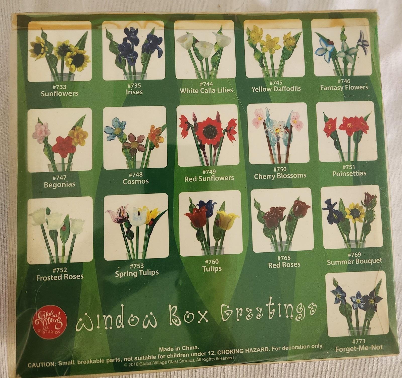 Window Box Greetings. Mini Glass Vase Flowers & Ladybug #746 Fantasy Flowers