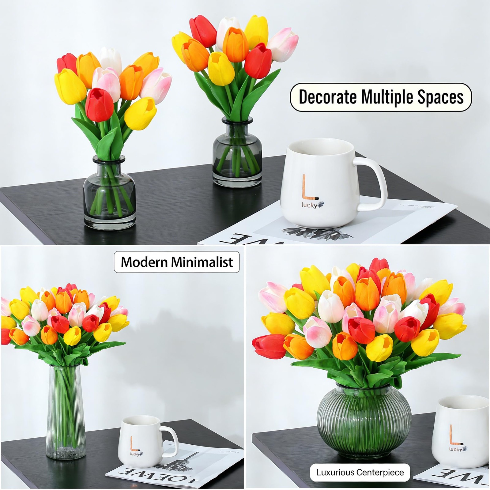 20 PCS Colorful Artificial PU Tulips 14 Inch Real Touch Fake Floral Bouquet