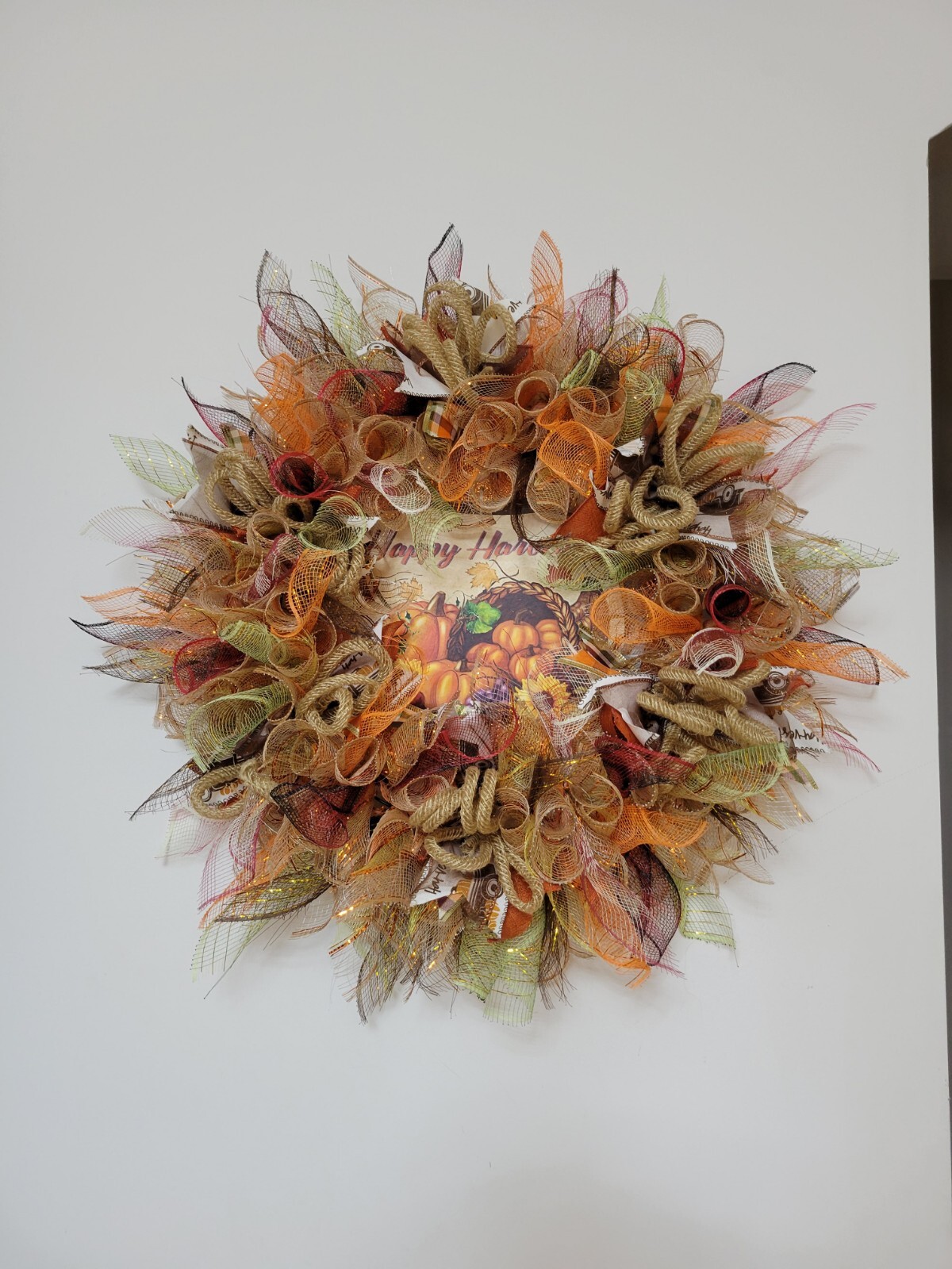 HAPPY HARVEST autumn Spring Mesh Front Door Wreath Wall Decor Bright colors