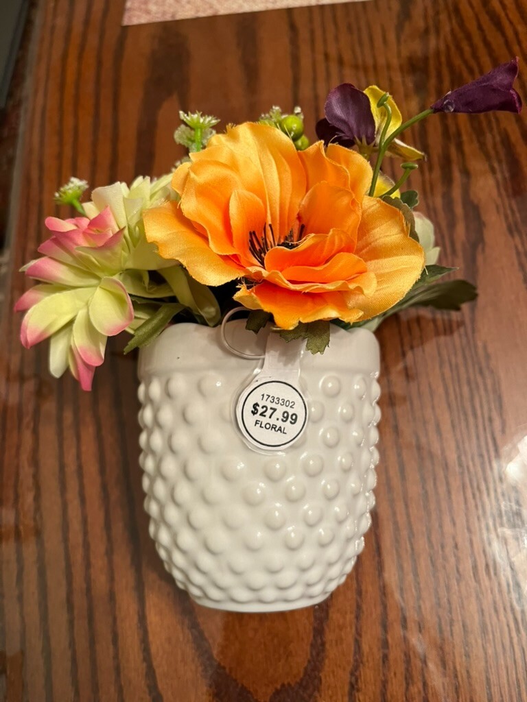 Artificial Floral in a ceramic planter, orange, yellow, green, new