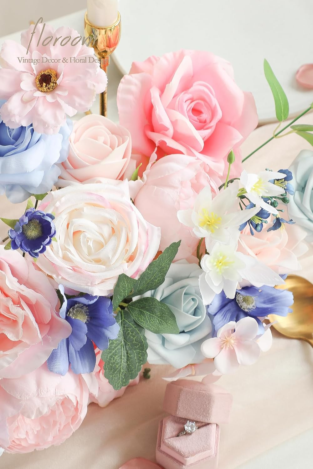 Pink Blush Blue Artificial Flowers Fake Roses Peonies and Greenery Combo Box Set