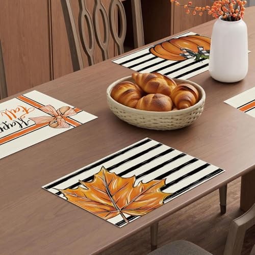 Happy Fall Hello Pumpkin Placemats Set of 6,Black Stripe Autumn Fall Black