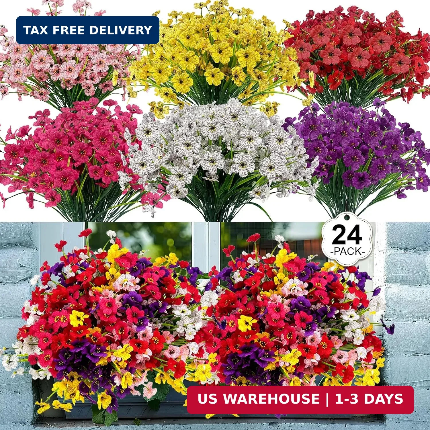 24 Pcs (6 Color) UV Resistant Outdoor Artificial Faux Flowers Plants Realistic P