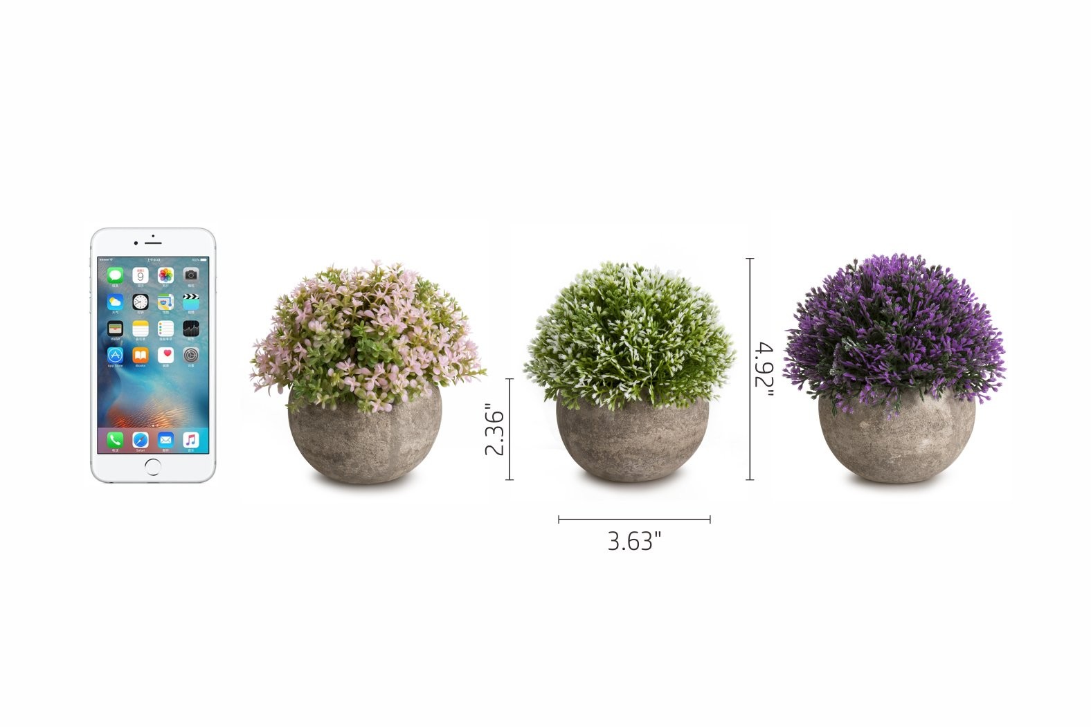 Mini Artificial Plants Plastic Fake Colorful Flower Topiary Gray Pots 3PC