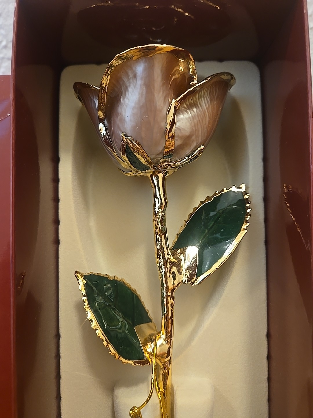 LIVING GOLD REAL ROSE DIPPED IN 24K GOLD BEIGE BOXED Vintage With Certificate