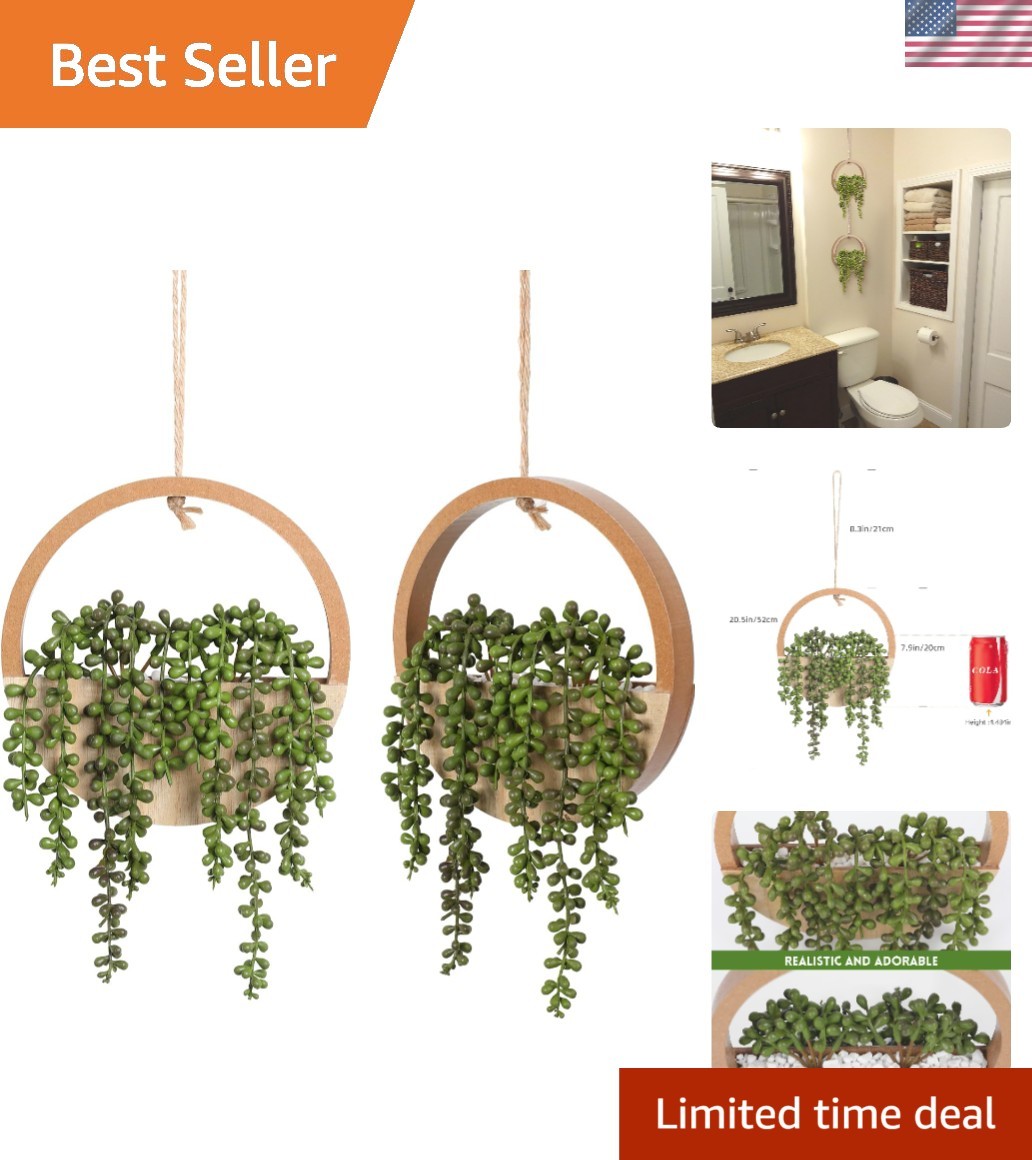 12.2” Realistic Fake String of Pearls in Wooden Pots – Set of 2 Hanging Plants