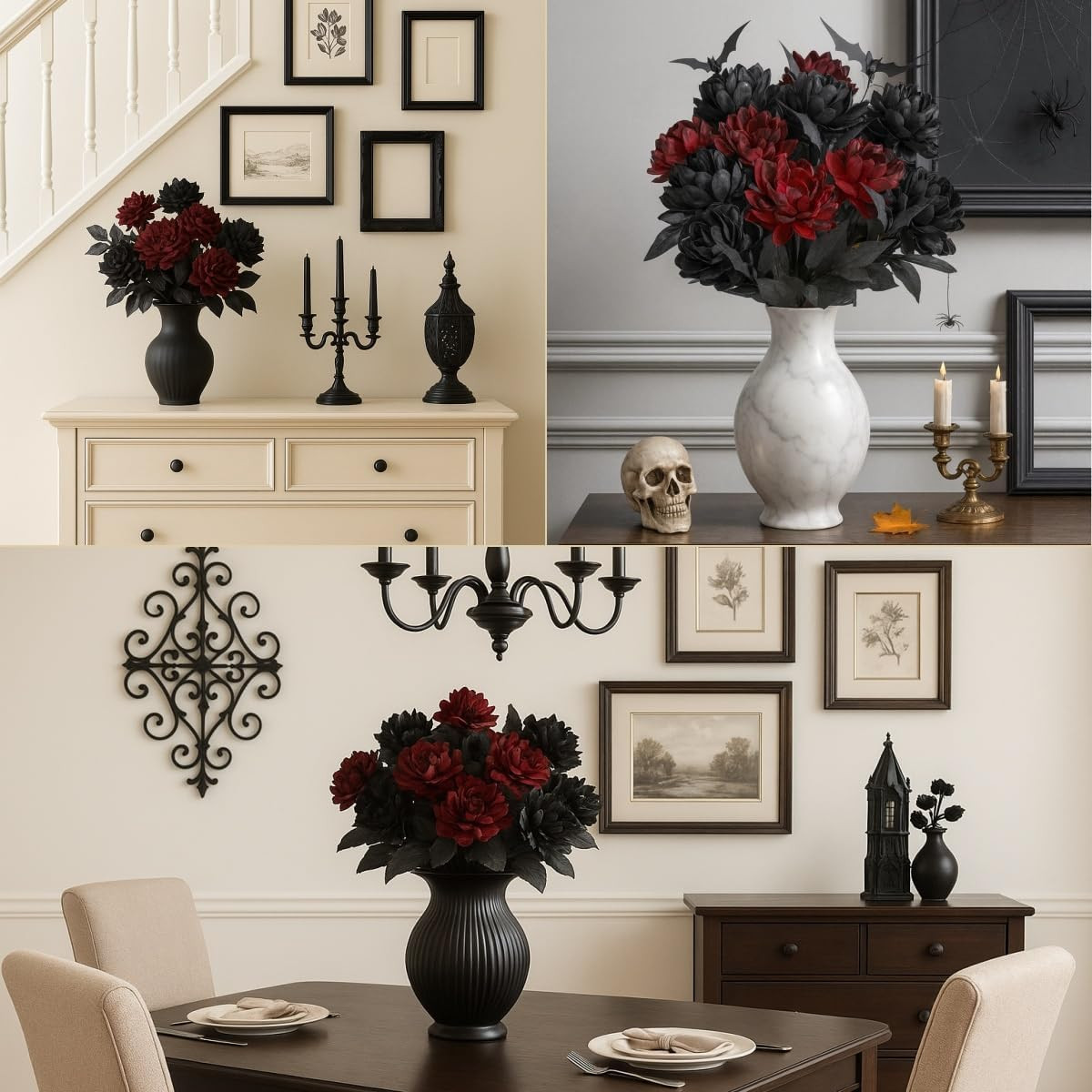 Black Burgundy Artificial Flowers Dahlia Bouquet – Lifelike Faux Gothic Floral A