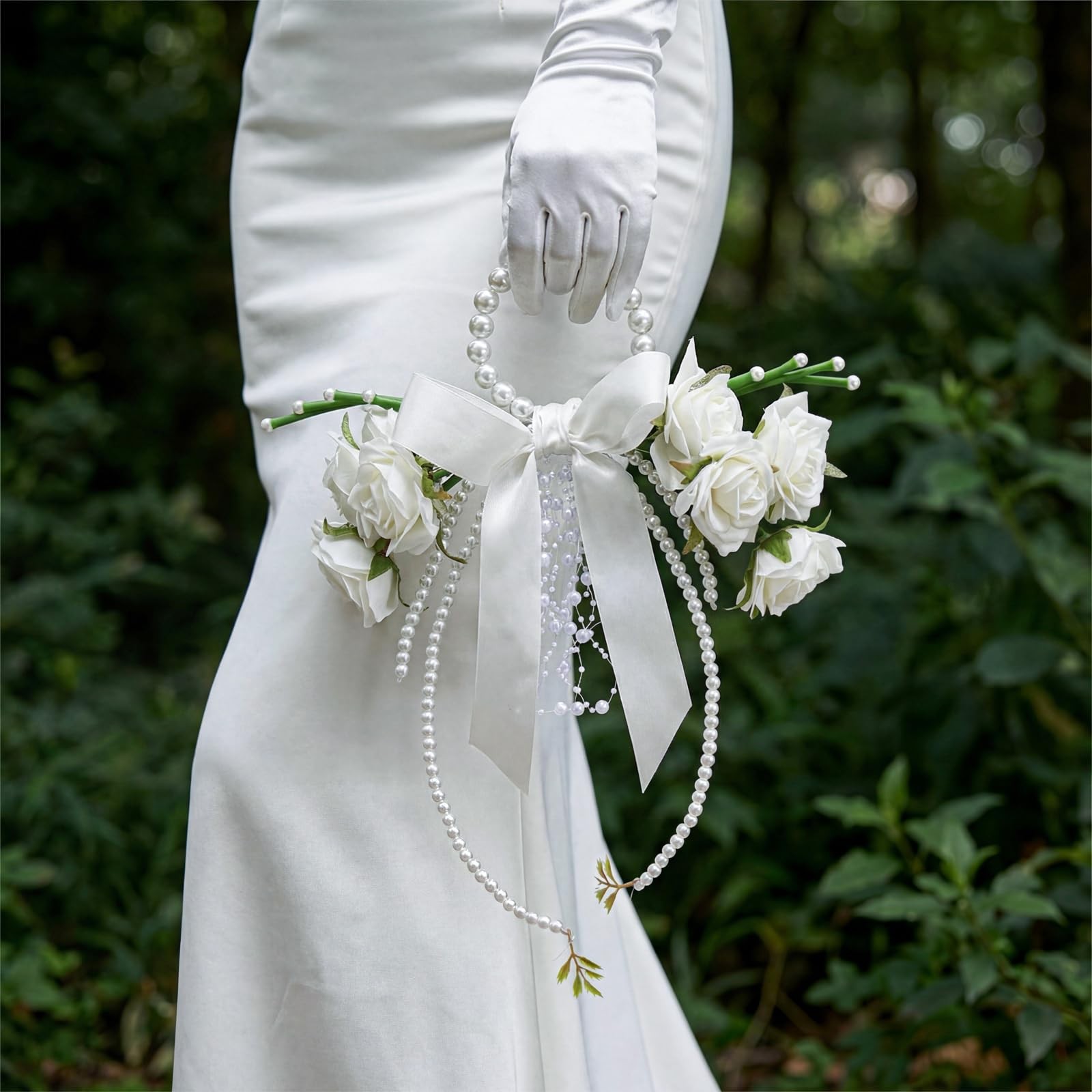 White Rose Bridal Bouquet With Pearl Handle Beads Marriage Church Ceremony