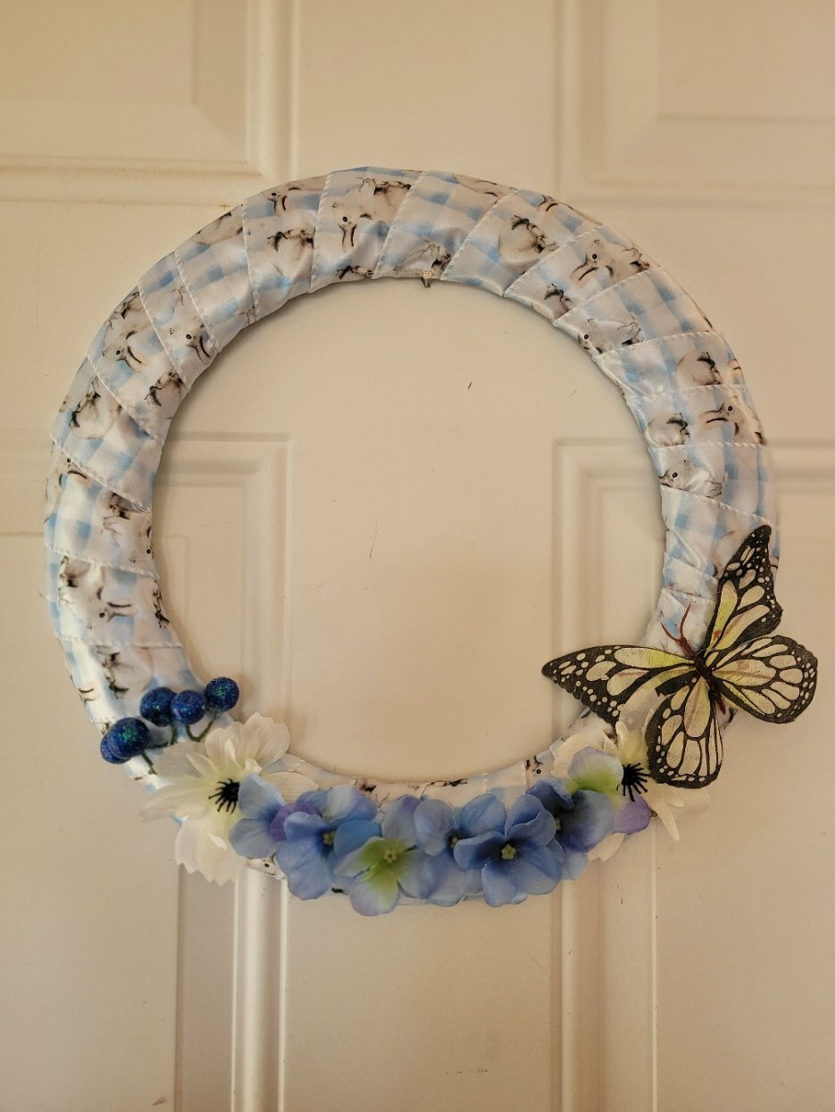 Bright Blue Bunny Spring Wreath with butterfly and pansies, middle size wreath,