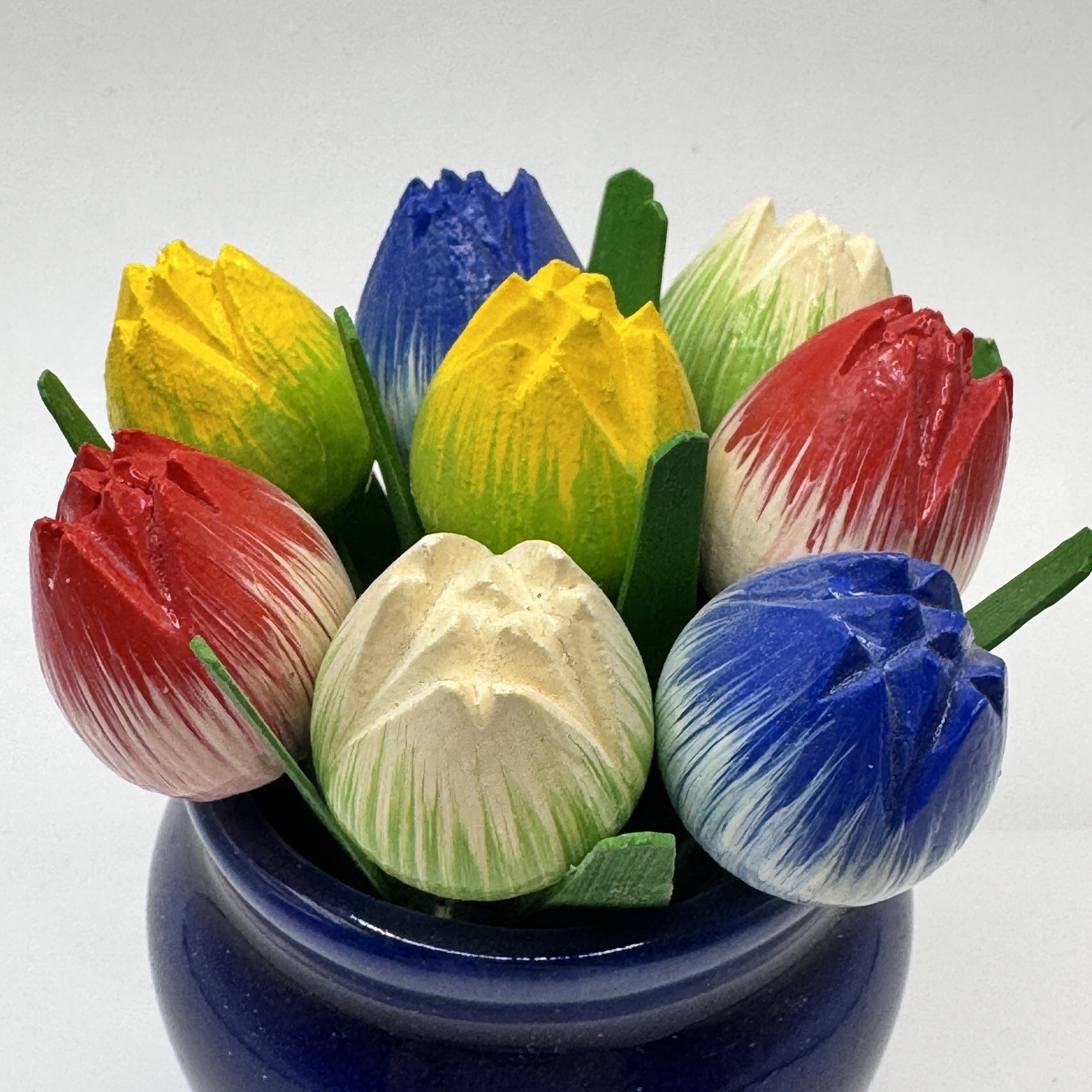 8 Wooden Tulip Flowers In Vase Vtg Mother Day Wedding Handmade Holland Easter
