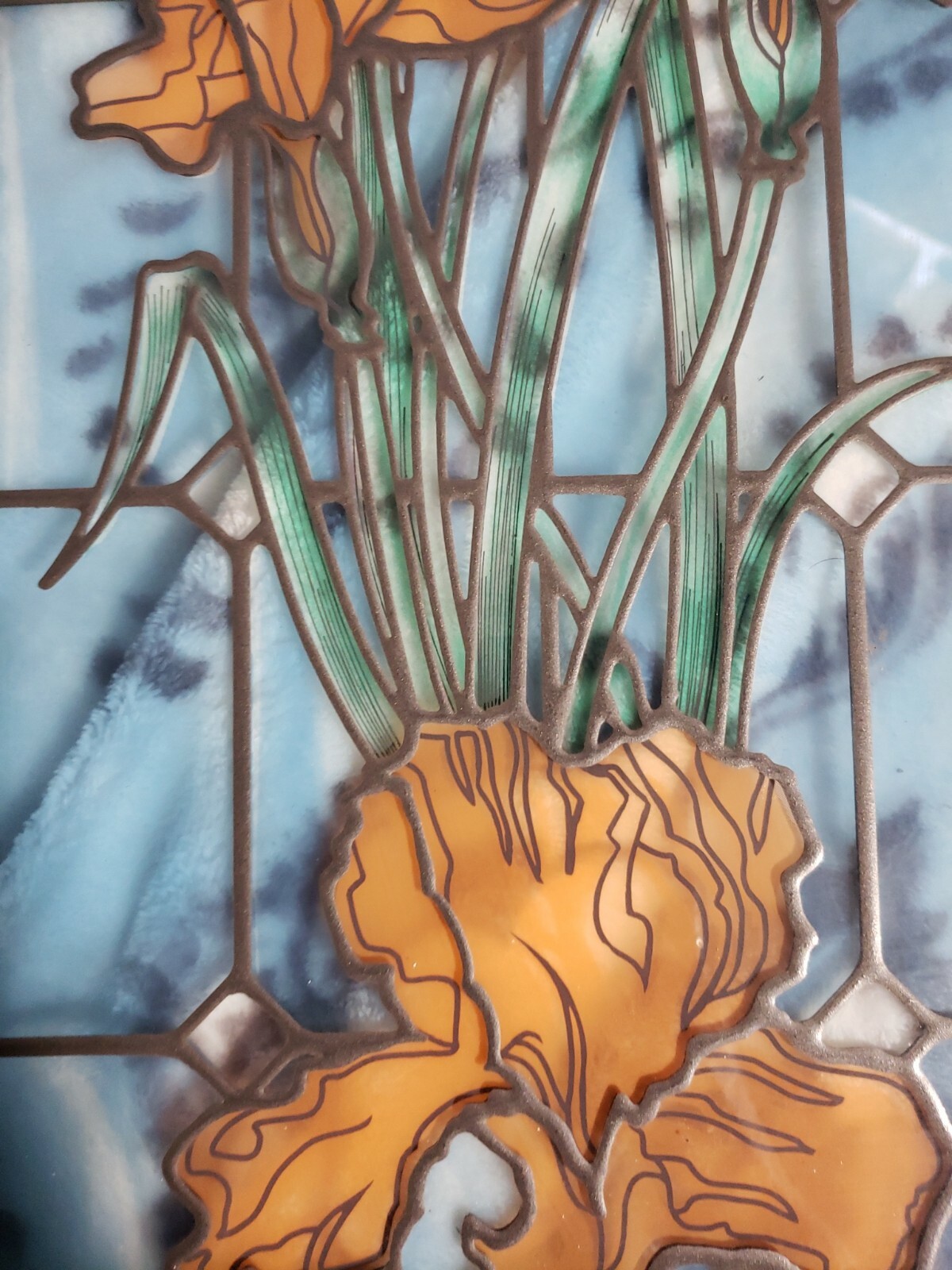 Peach Iris Blue Background Stained Glass Look 23″H x 11.5″W Framed