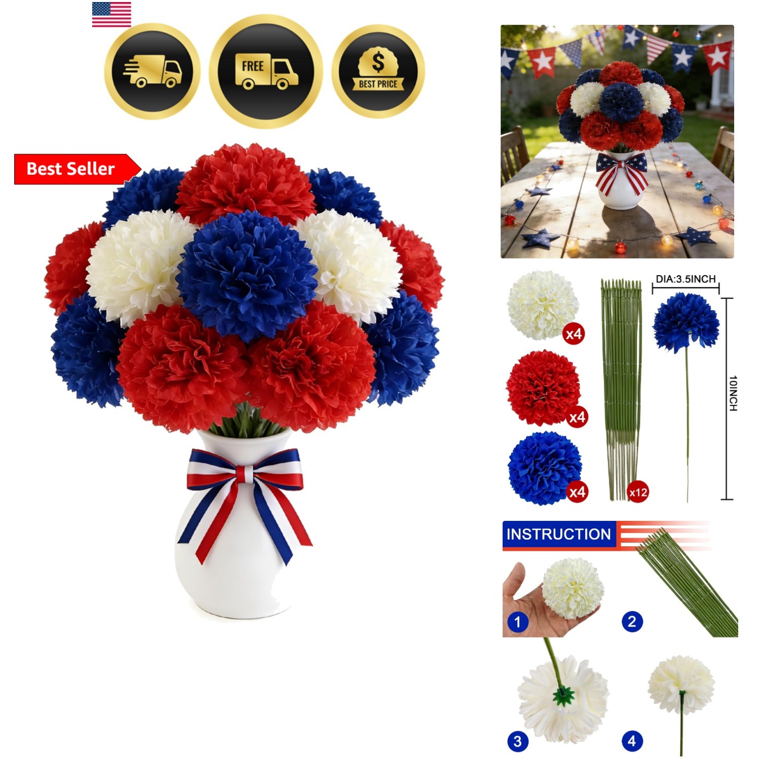 12PCS Artificial Chrysanthemums Flowers Patriotic Flower, 4th of July Fake Mu…
