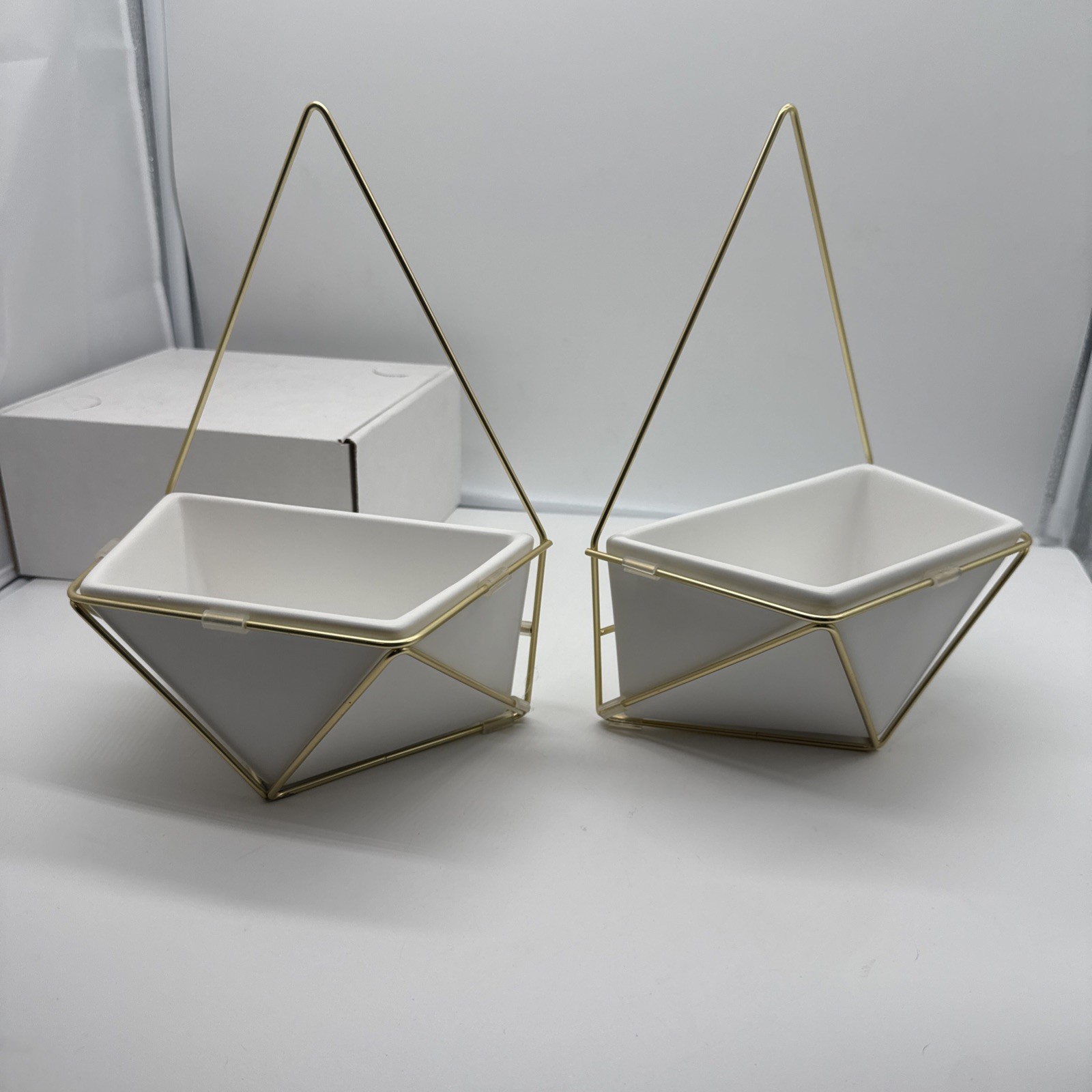 Succulent Ceramic Geometric Wall Hanging Basket/ Pot With Gold Holder Set Of Two