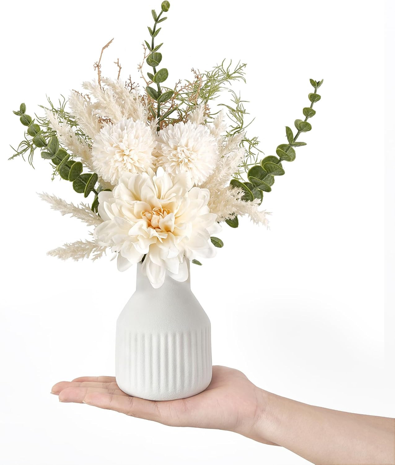 Small Artificial Flowers in Ceramic Vase 13.5″ Centerpieces Coffee Table Decor,