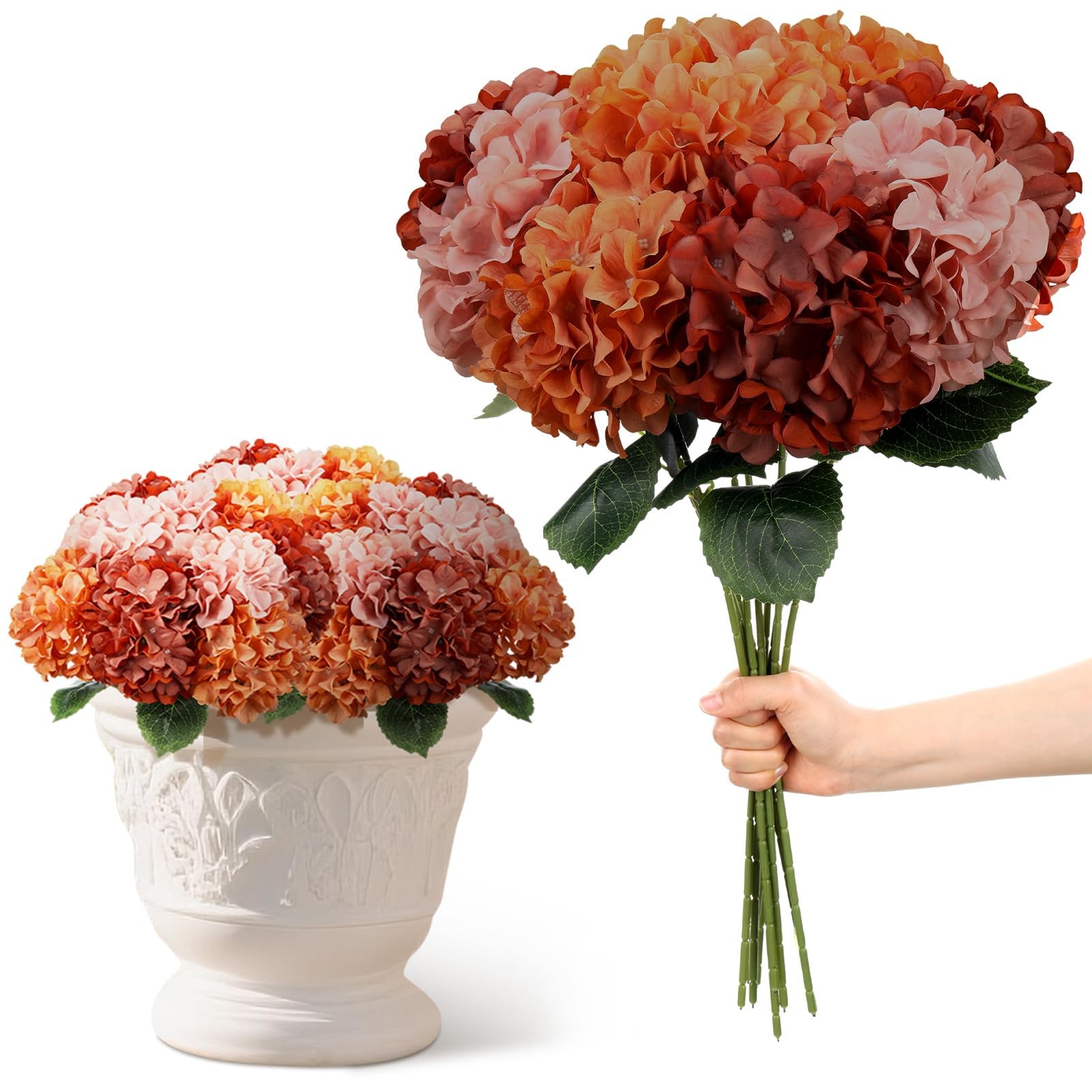 9 Pcs Burnt Orange Fall Hydrangea Artificial Flowers 23.6″ Vintage Faux Silk …