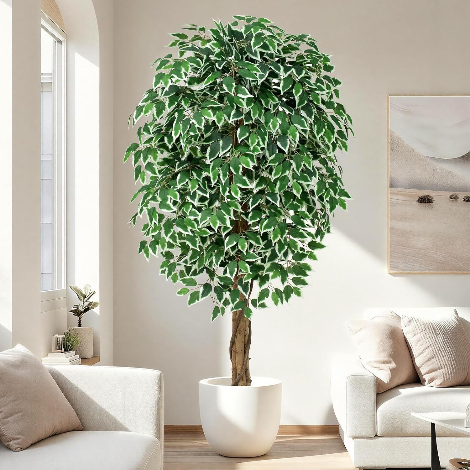 6.2ft Ficus Artificial Trees with 3 Natural Curved Trunks, 74″ Tall Lush Faux
