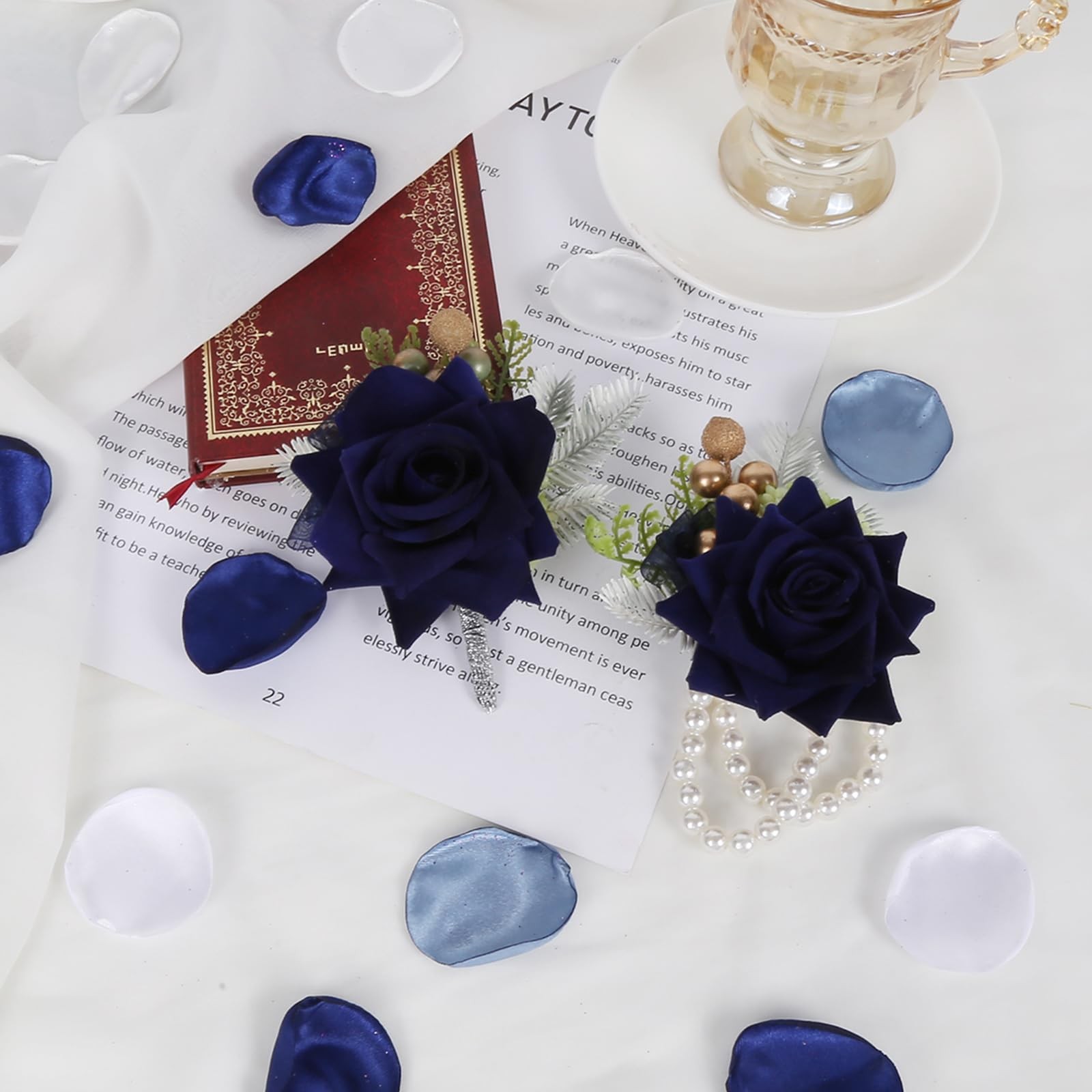2 PCS Navy Blue Corsage And Boutonniere Set Artificial Rose Prom Wedding