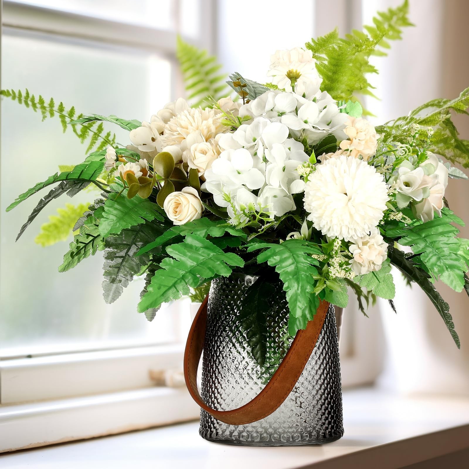 48 Pcs Faux Leather Fern Stems – 4 Styles, 15.8″ & 14.6″ Greenery Picks for Wedd