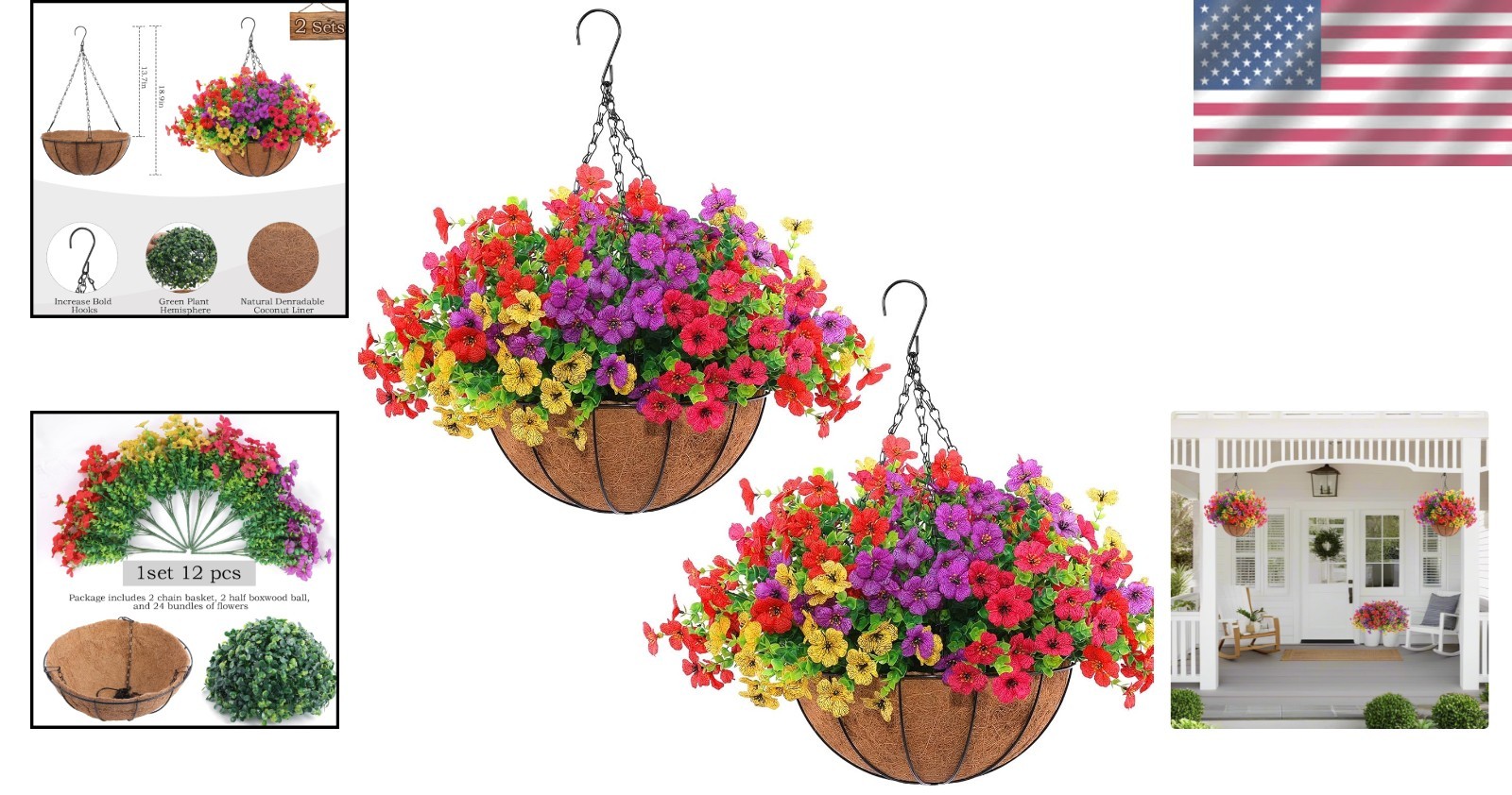 Vibrant Hanging Planters with 24 Realistic Artificial Flowers – UV Resistant Set
