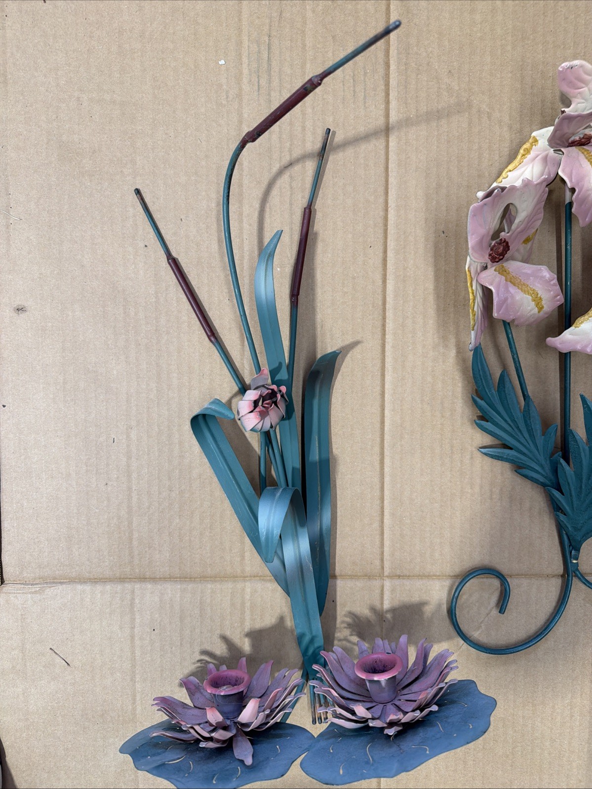 Vtg METAL CATTAIL LOTUS SCONCE & IRIS WALL ART MCM TOLEWARE 3 Pieces