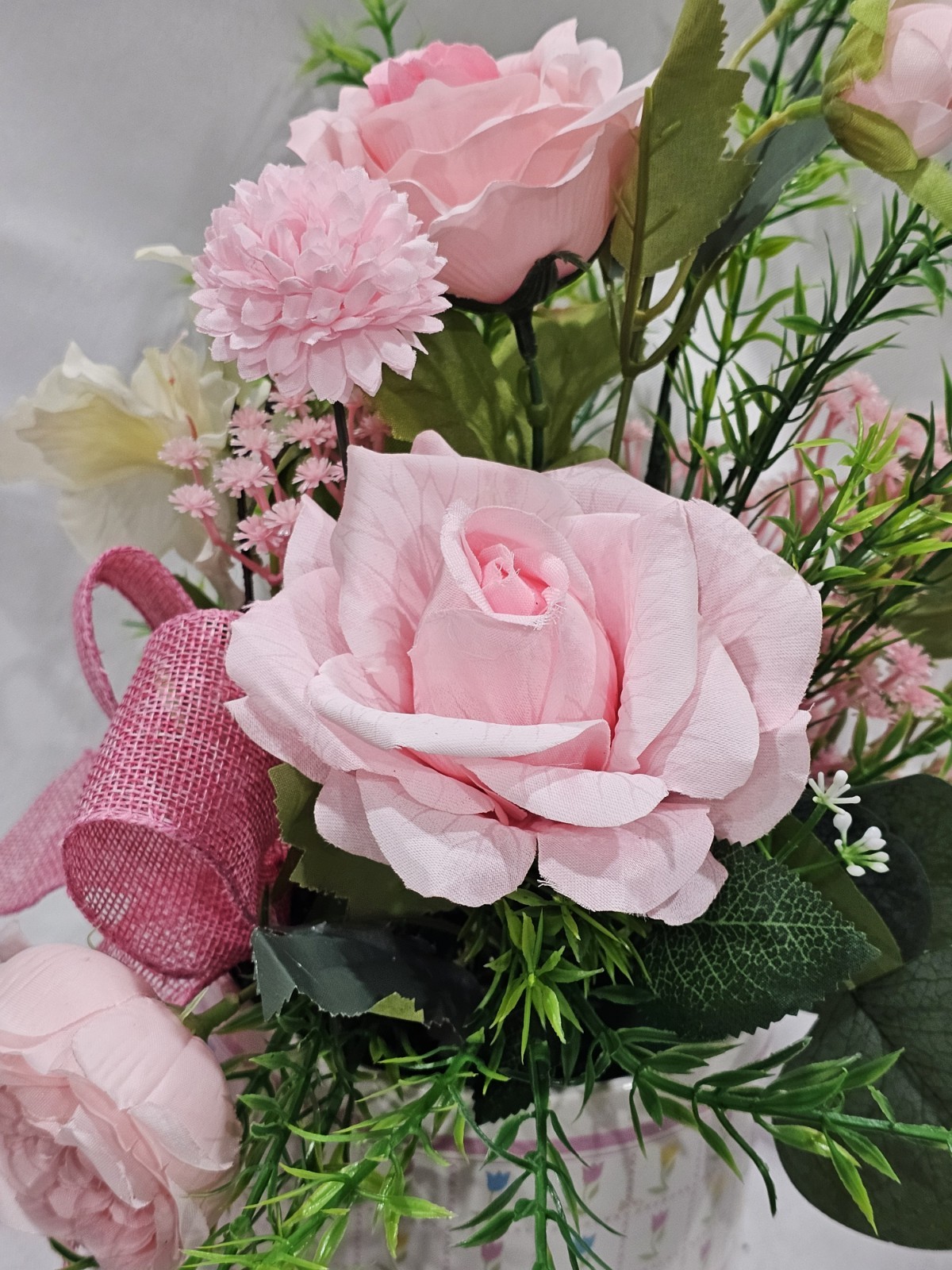 Artificial Flower Arrangement Soft Pink Roses in a beautiful pink & White vase