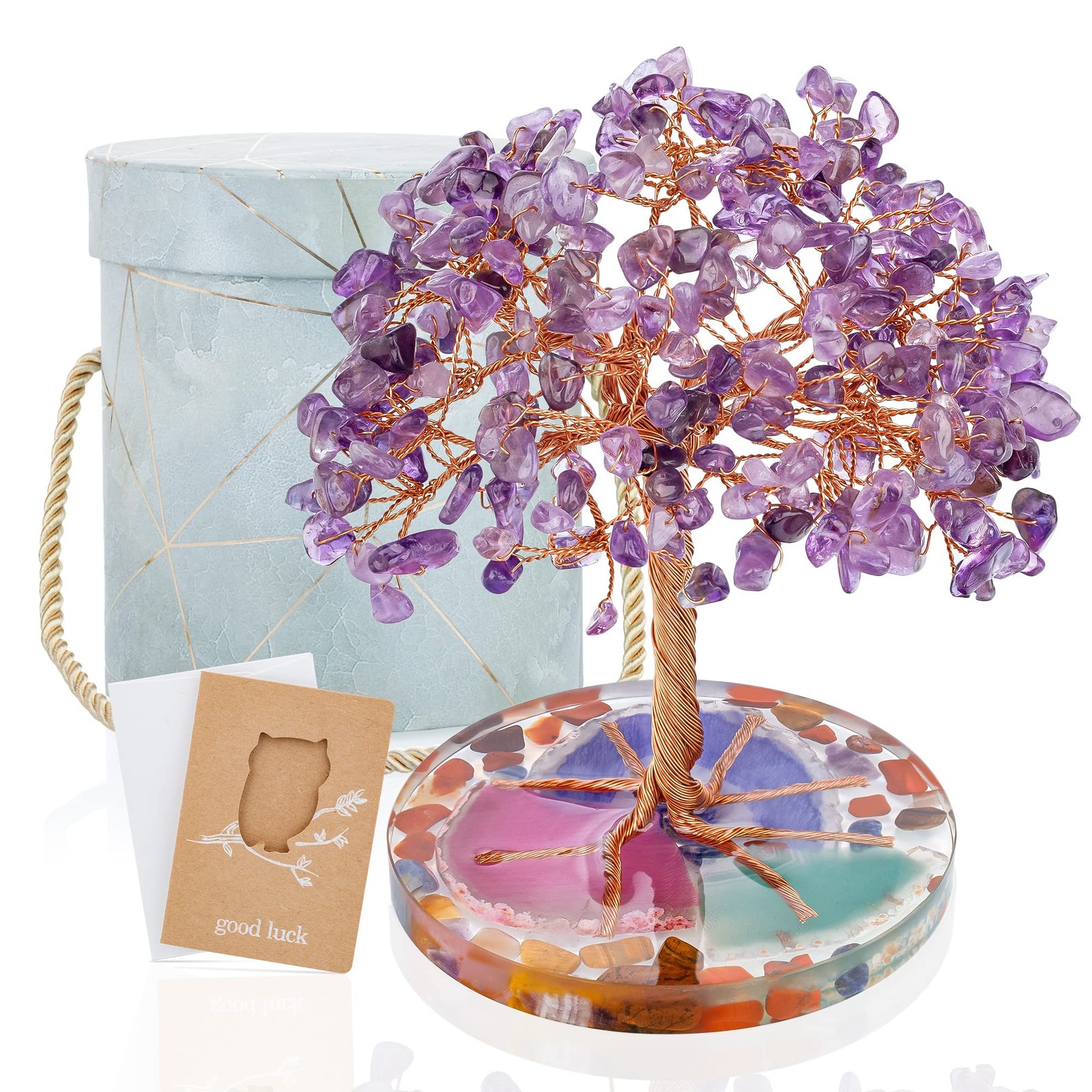 7 Chakra Healing Crystal Stones Tree, Amethyst Leaf Wire Wrapped on Natural A…