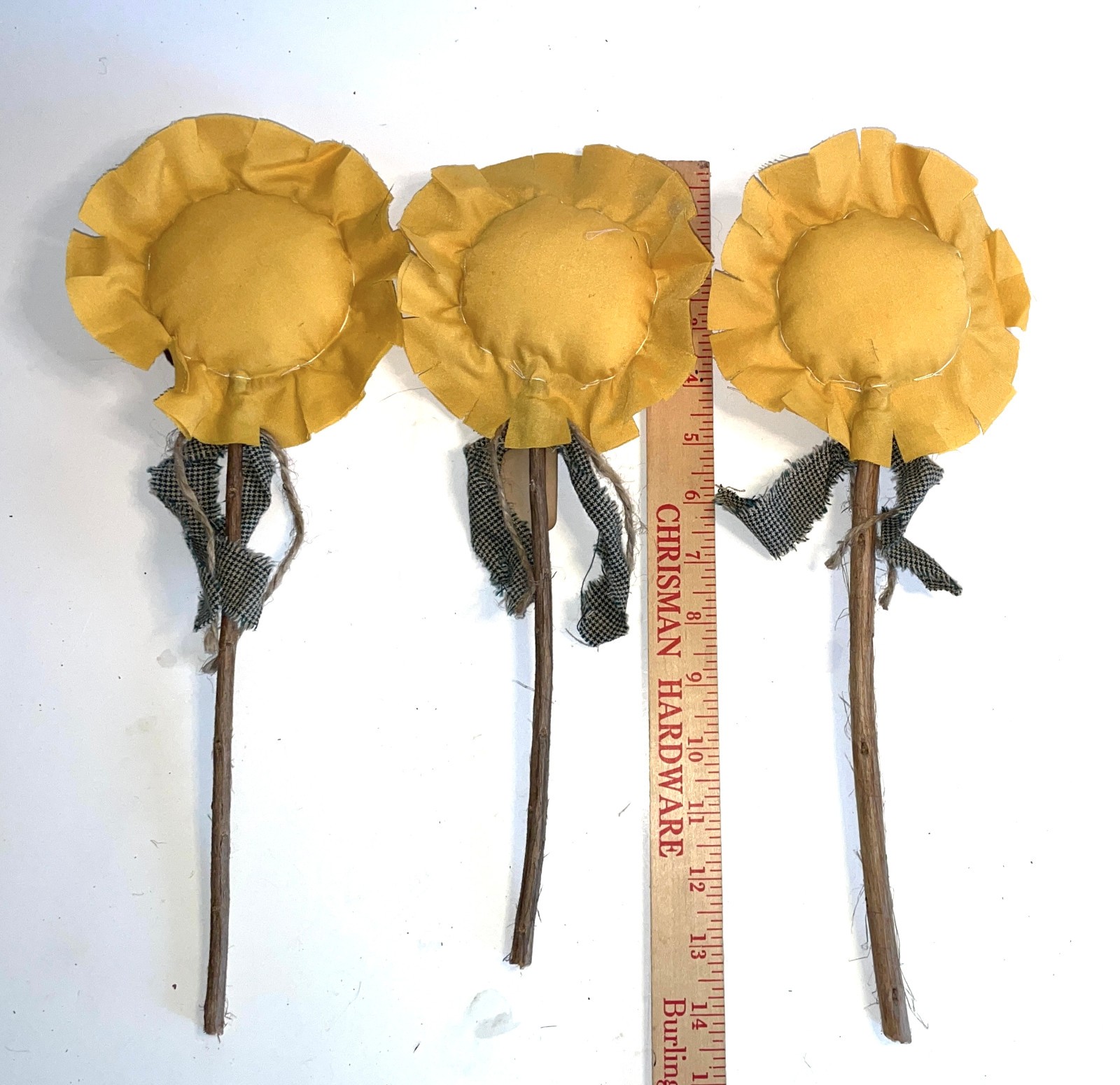 3 Handmade Primitive-Style Fabric Sunflower Flowers Floral Picks Pokes 12-13″