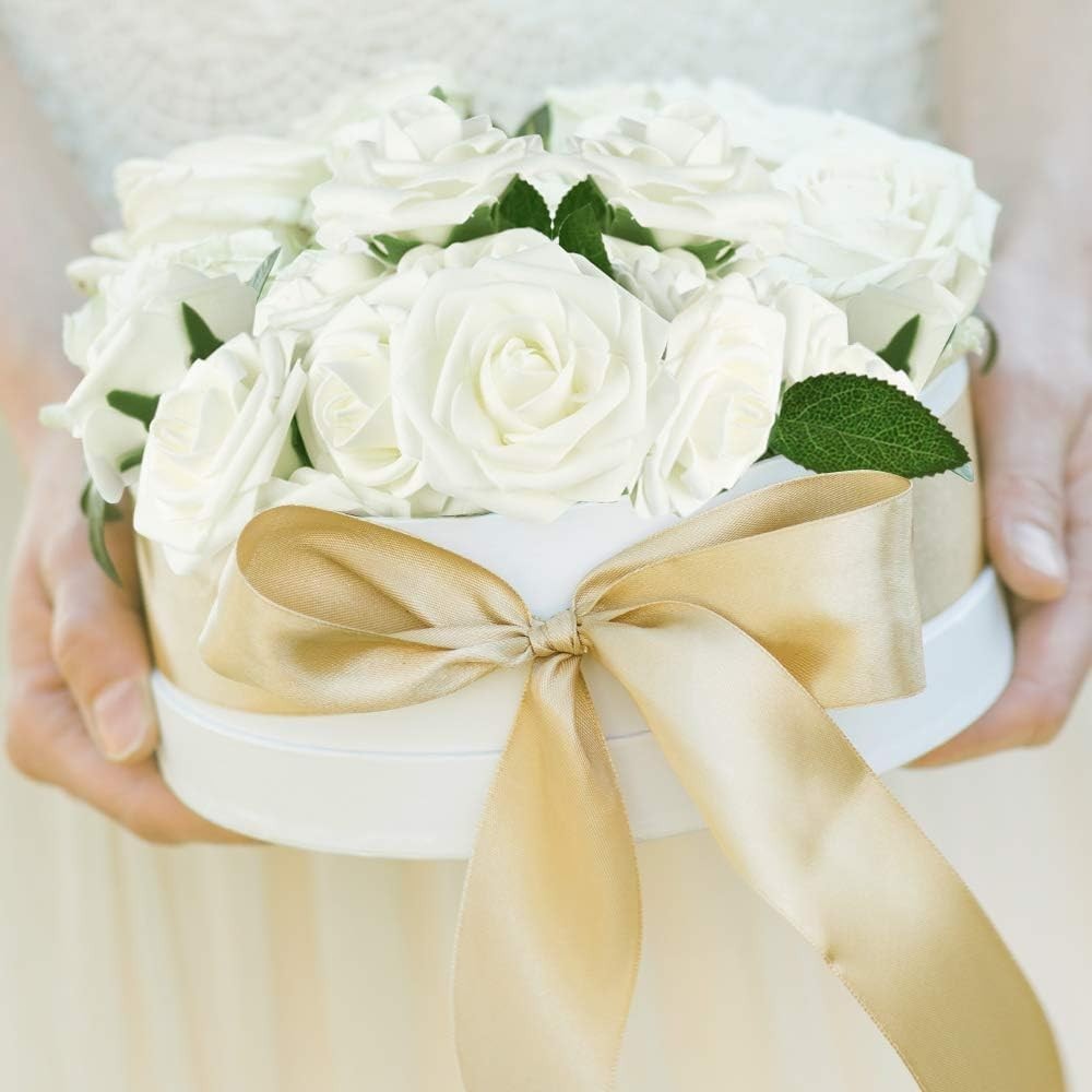 Artificial Flowers 25/50pcs Real Looking Ivory Foam Fake Roses with Stem for DIY
