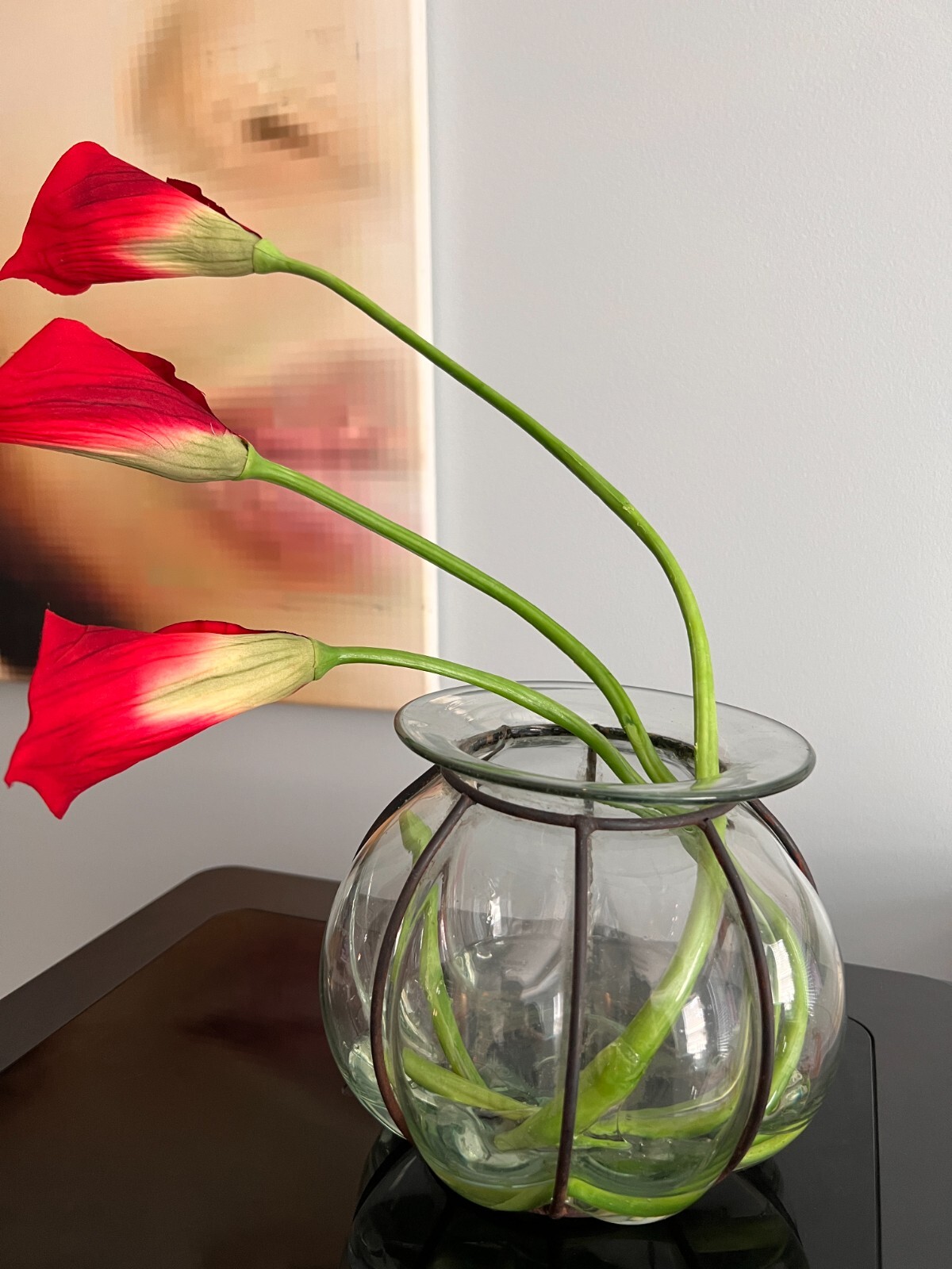 REDUCED!! Silk Flowers in a Vintage Glass Vase, red Artificial Calla Lillies