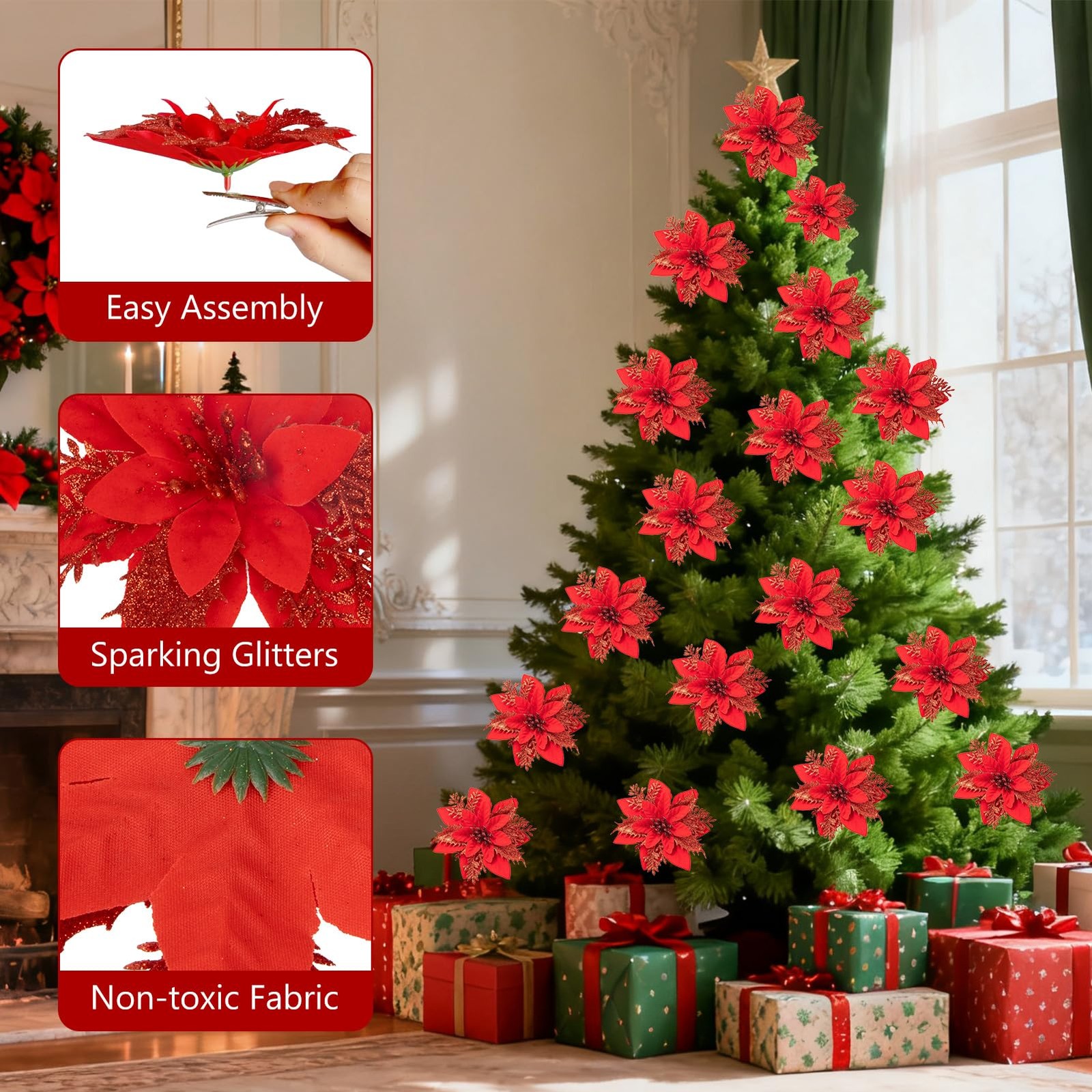 24 Pcs Christmas Artificial Poinsettia Flowers 5.9 Glitter Poinsettias Flower…