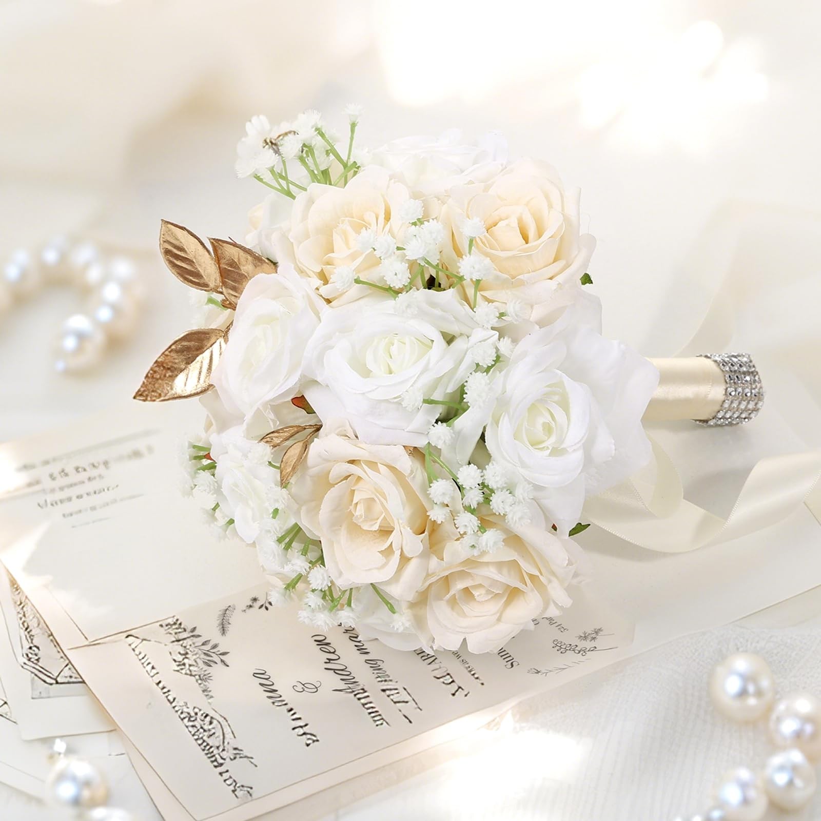 Wedding Bouquets for Bride – Realistic Silk Flowers Artificial Roses, 9 Inch …