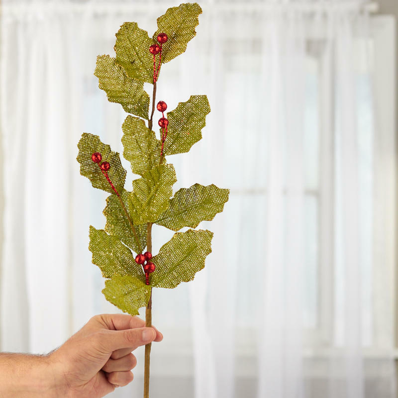 Green Burlap Holly Leaf Sprays with Red Glitter Berries | 2 Sprays | for In