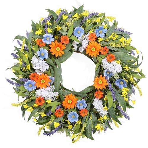 24″ Summer Floral Wreath with Artificial Daisies & Lavender – All Season Door De