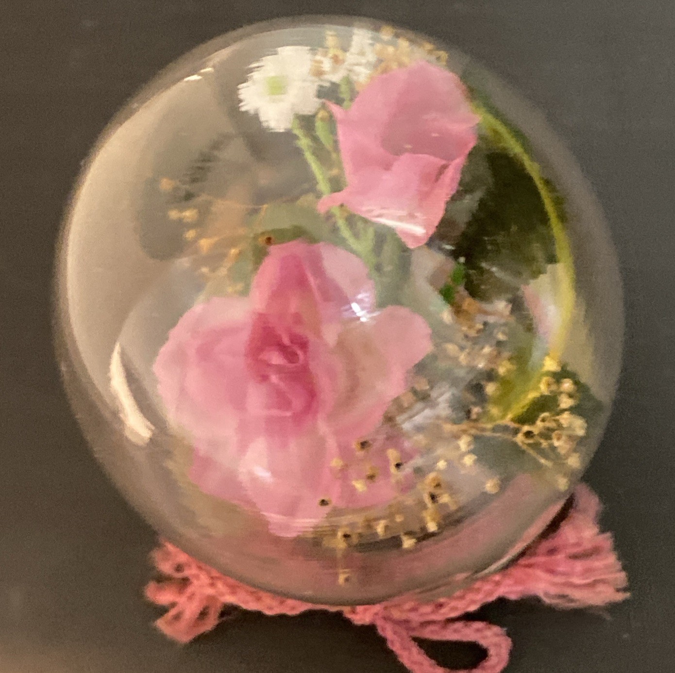 Vintage Glass Dome Decor Faux Dried Pink Rose Plant Floral