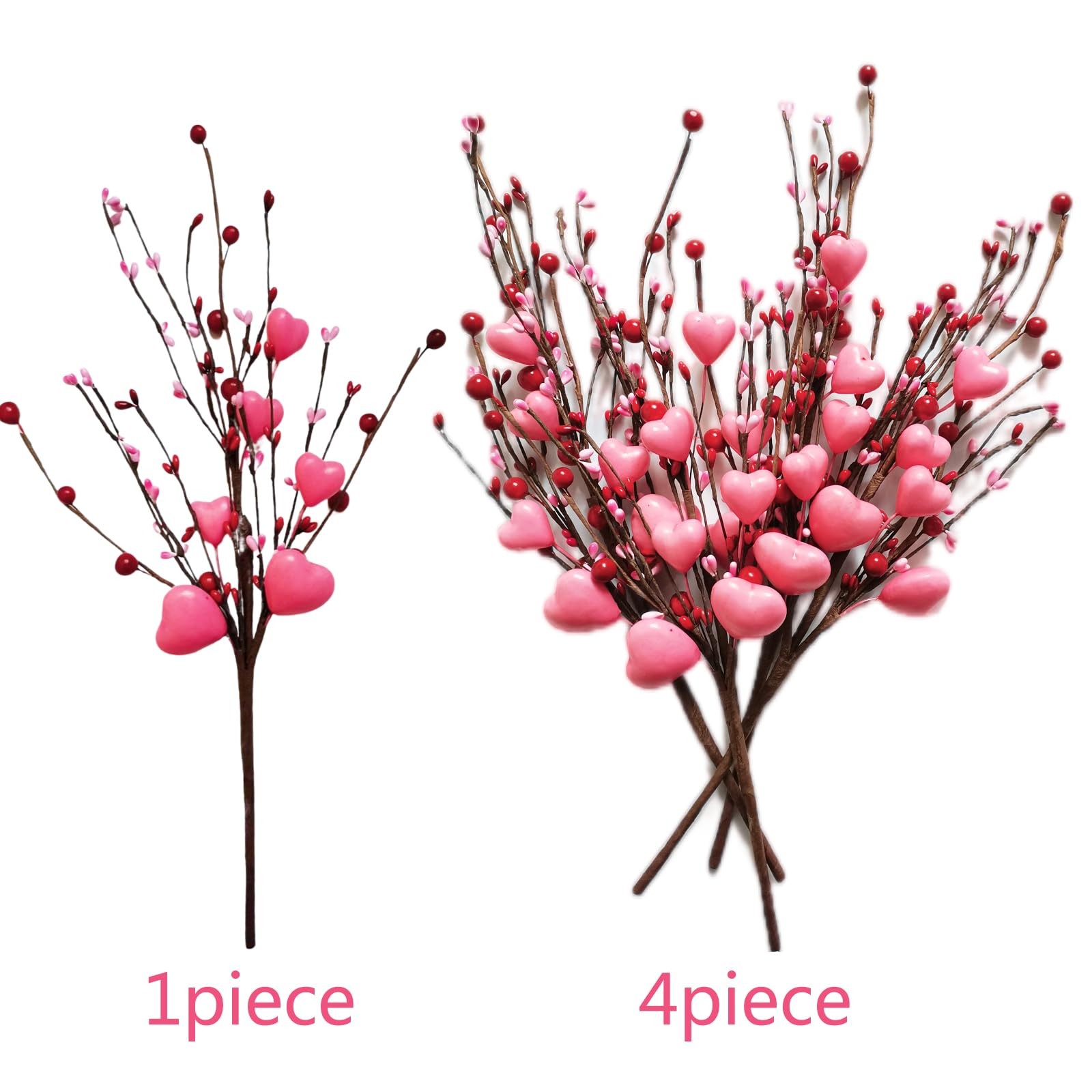 4PCS ARTIFICIAL FLOWER RED HEART SHAPED VALENTINE TREE DECOR BERRY BRANCHES VALE
