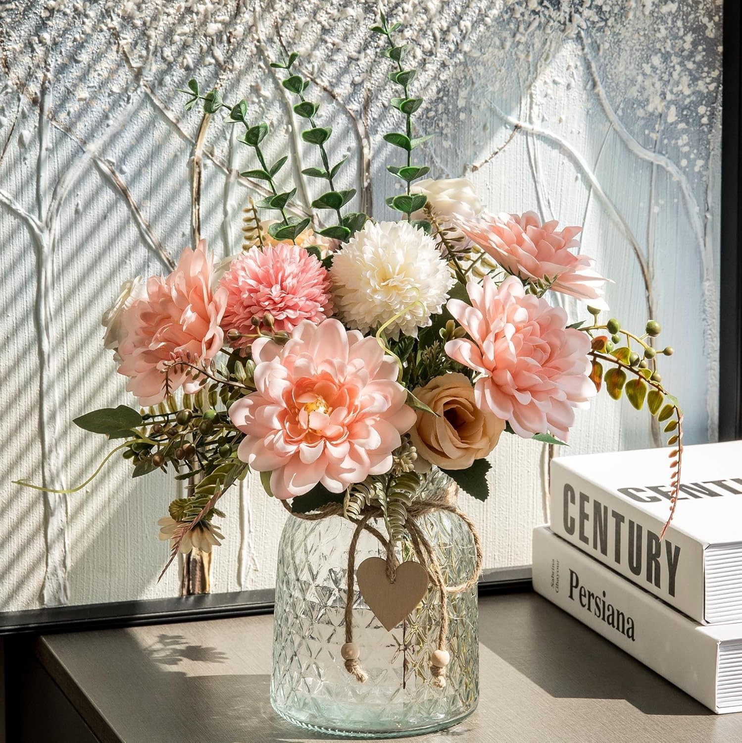 Faux Floral Centerpiece with Pink Dahlia and Eucalyptus – Perfect for Home Decor