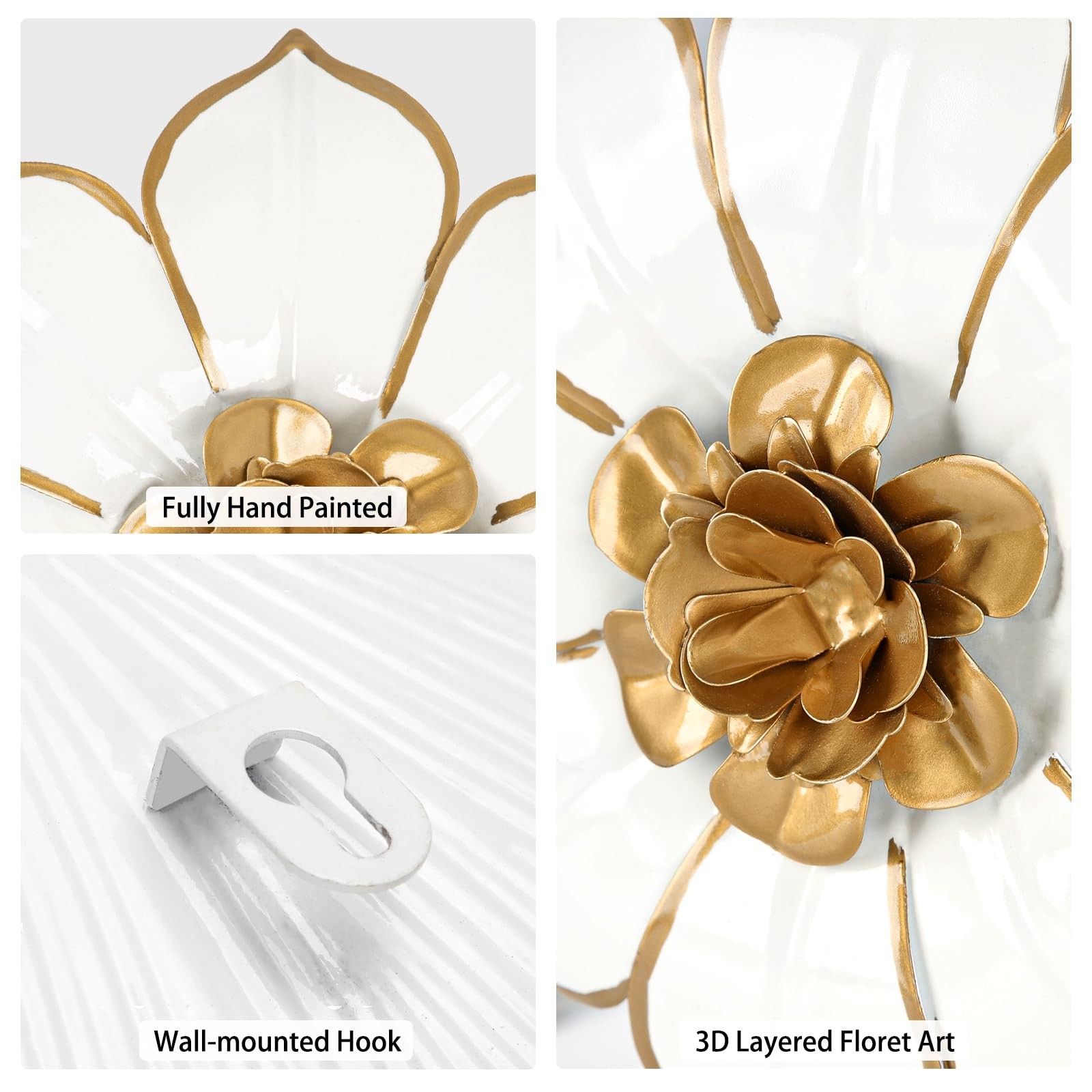 Metal Flowers Wall Decor White and Gold Art 10″, # 3