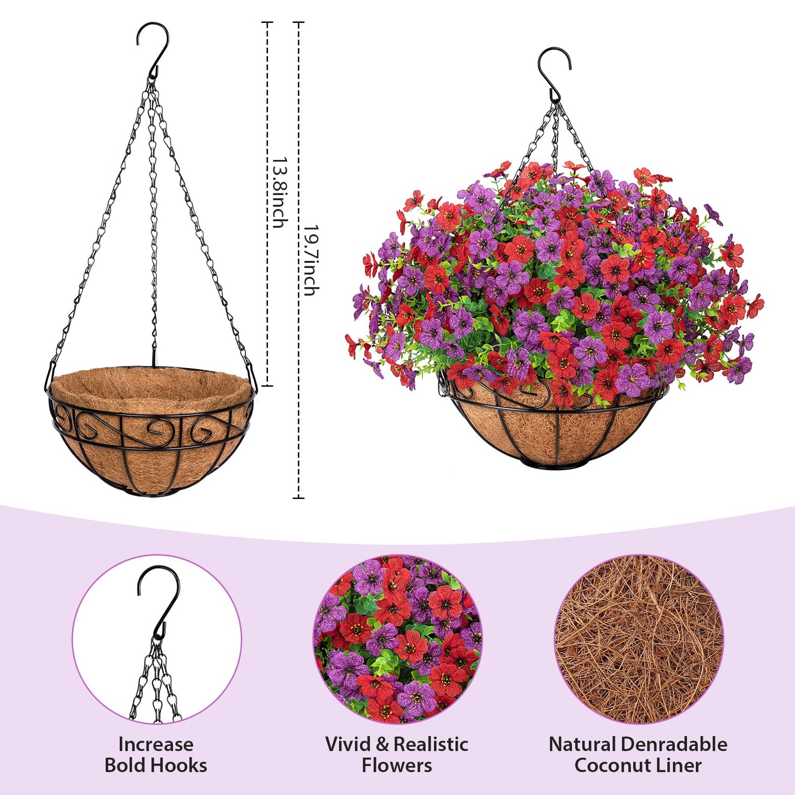 Artificial Fake Hanging Flowers Plants Basket Outdoors, Faux Silk UV Resistan…