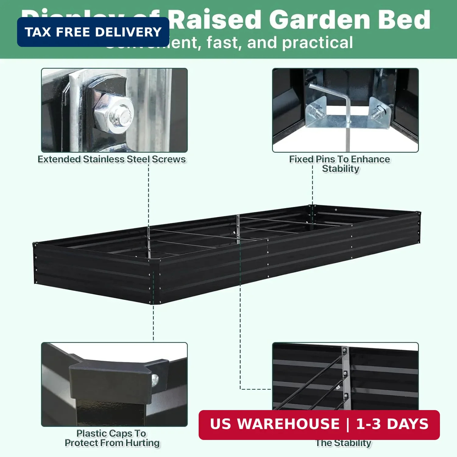 12×4×1ft Galvanized Metal Raised Garden Bed, Metal Planter Kit Box Outdoor for D