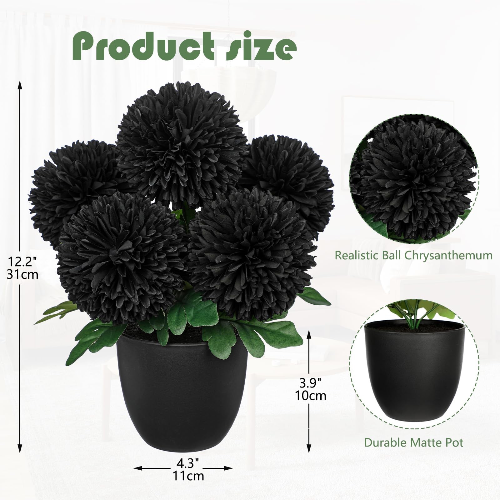 Briful Black Artificial Mums – Realistic Silk Fall Chrysanthemums in Black Po…