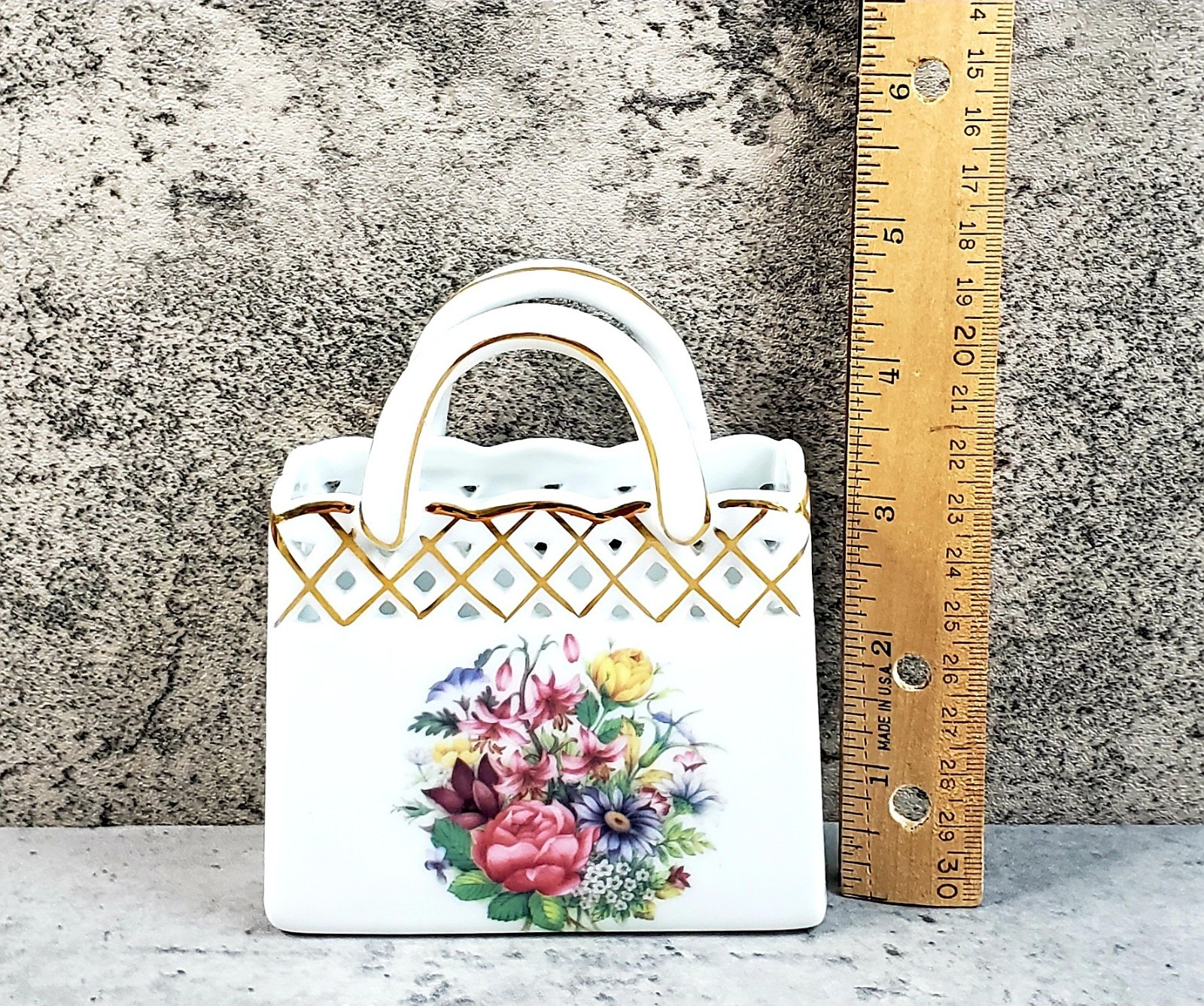 Herman Dodge Ceramic Purse Vase 4.75″ w Faux Flowers Old World Collection